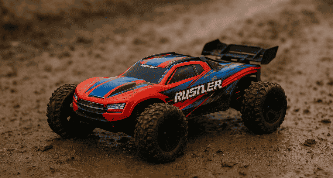 Traxxas Rustler 4X4 VXL RC truck driving on a muddy road.