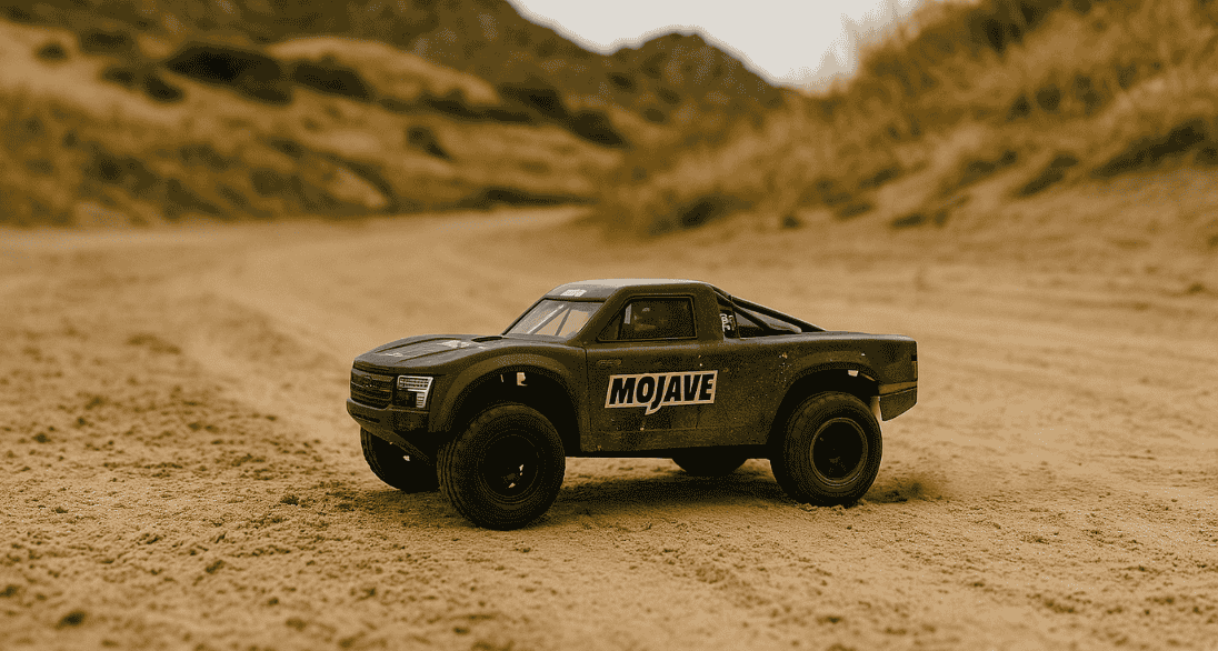 Arrma Mojave RC desert truck on a sandy trail.