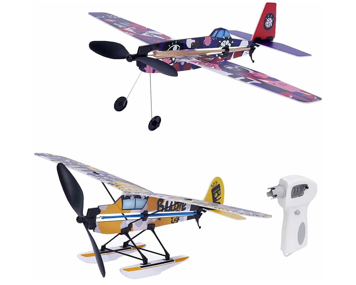 PlaySTEM Airplane Science Rubber Band Powered 3-in-1 Airplane Set w/Electric Rubber Band Winder - - AMain Distributing