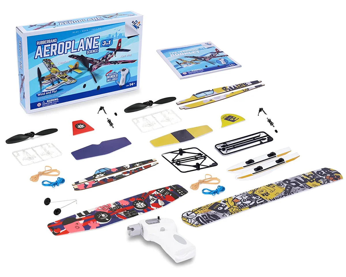 PlaySTEM Airplane Science Rubber Band Powered 3-in-1 Airplane Set w/Electric Rubber Band Winder - - AMain Distributing