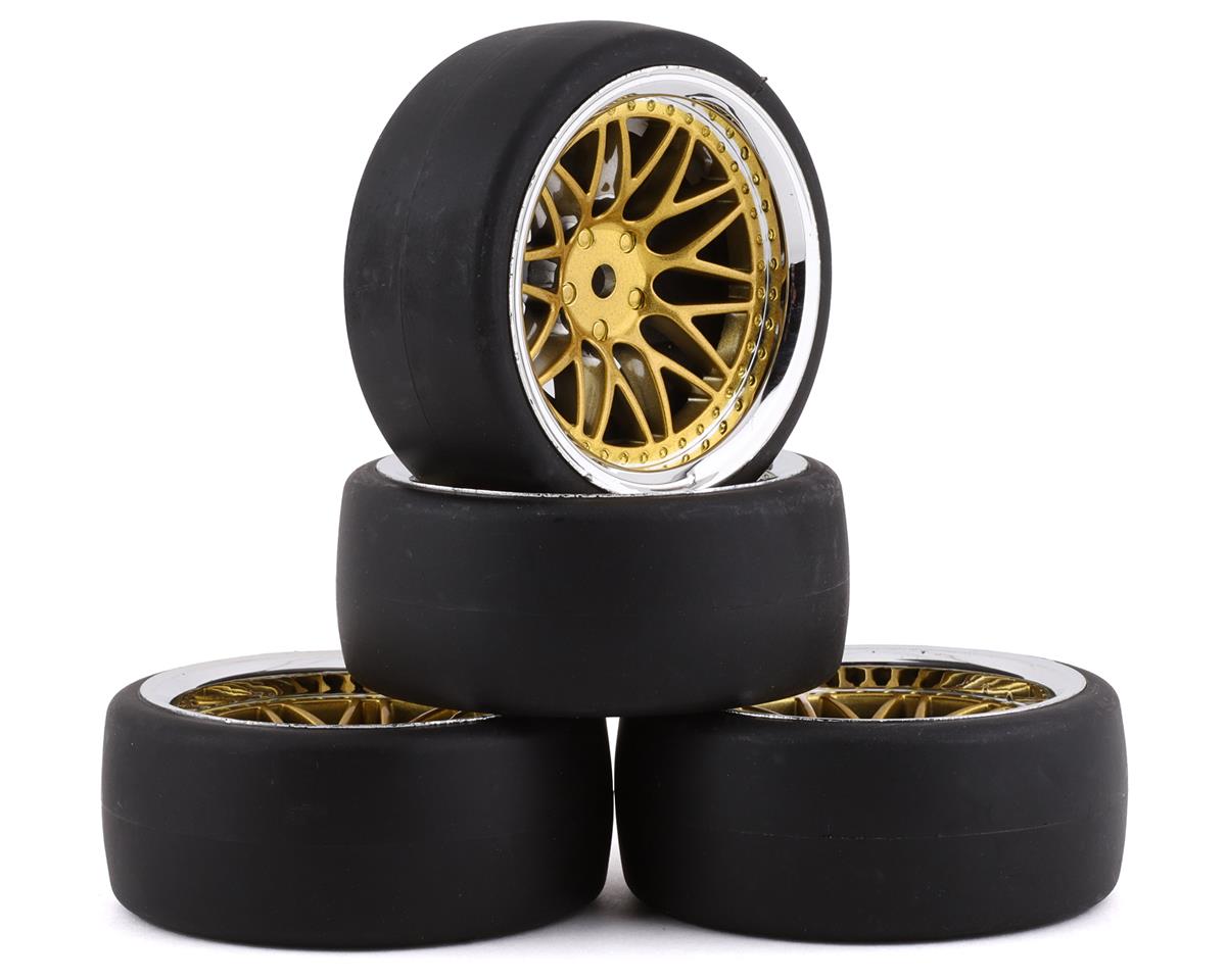 Yeah Racing Spec D Pre-Mounted Drift Tires w/LS Mesh Wheels (Chrome/Gold) (4) w/12mm Hex & 6mm Offset - - AMain Distributing