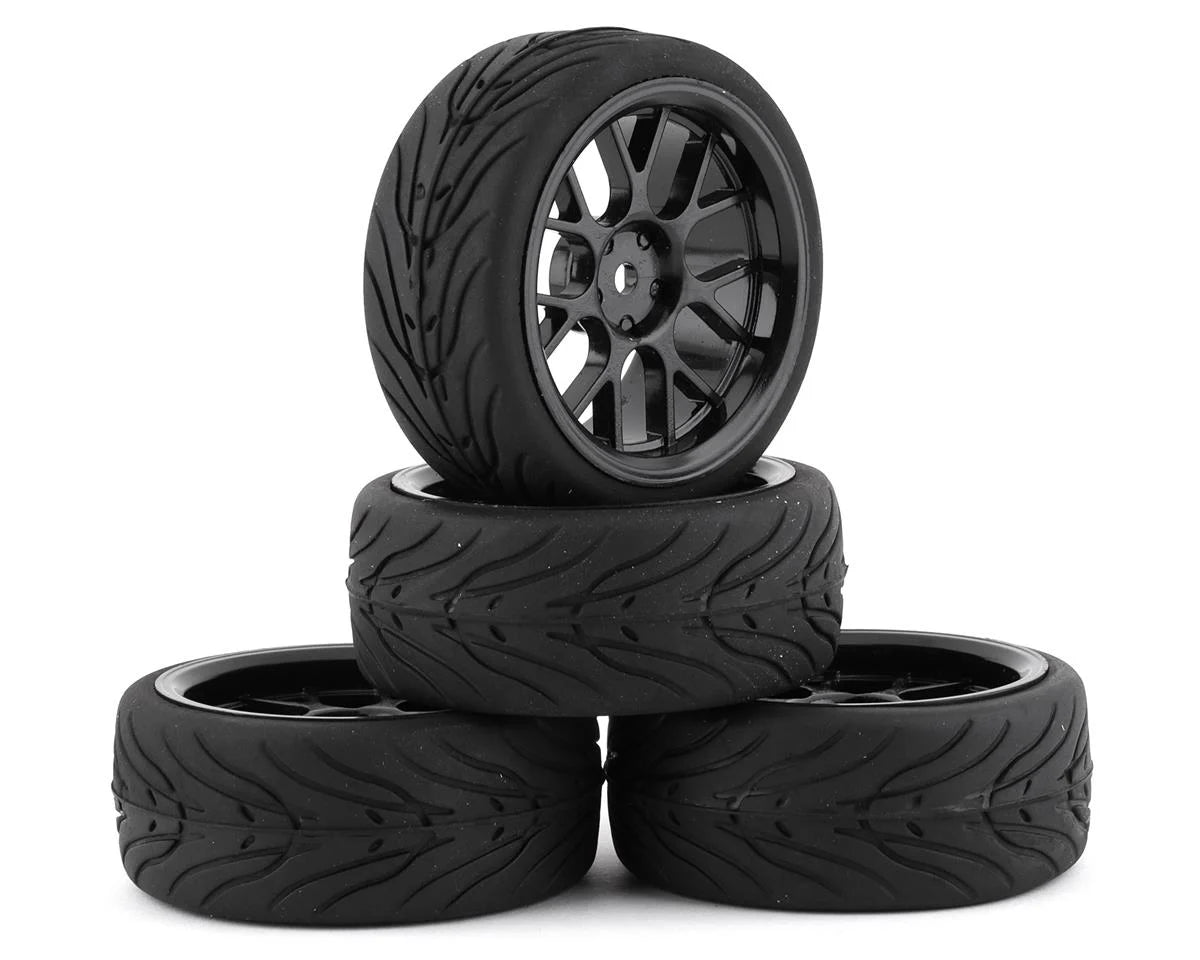 Yeah Racing Spec T Pre-Mounted On-Road Touring Tires w/MS Wheels (Silver) (4) w/12mm Hex & 3mm Offset - - AMain Distributing