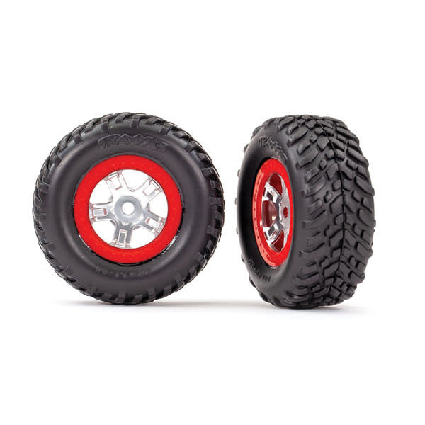Traxxas SCT Pre-Mounted Tires & Wheels w/Red Beadlock (Satin Chrome) (2) - Remote Control Toys - Traxxas