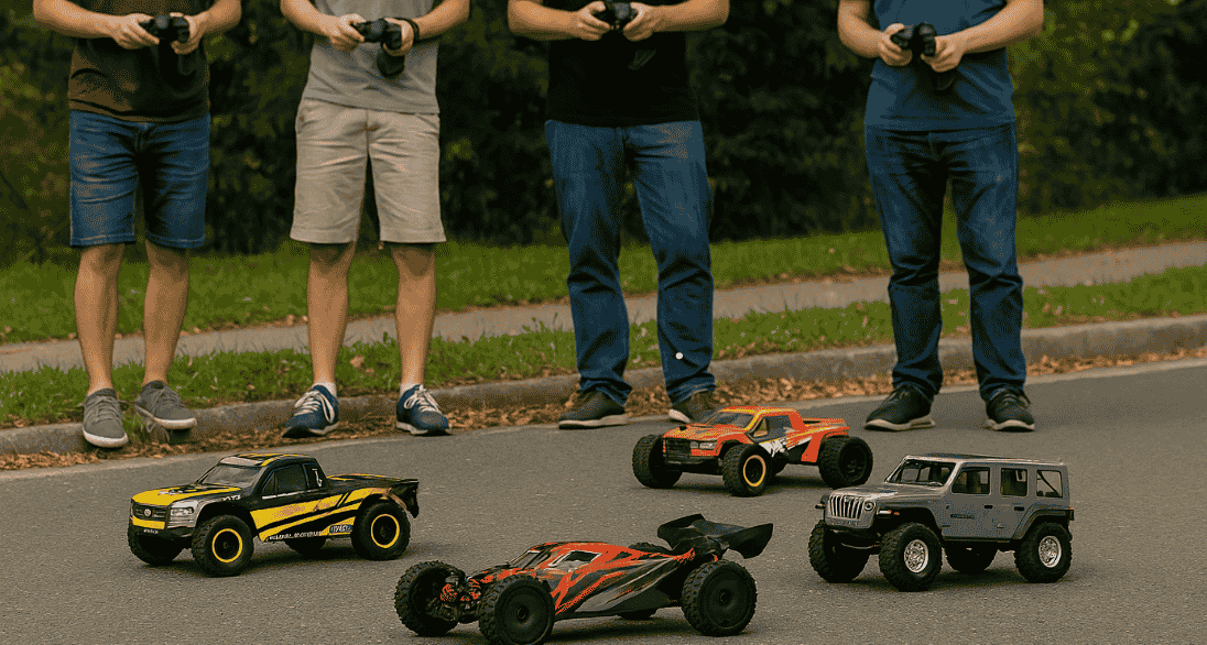 RC enthusiasts driving different RC trucks and buggies.