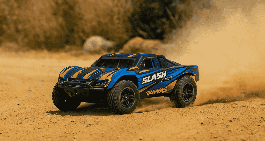 Traxxas Slash 4X4 VXL RC truck kicking up dust while racing