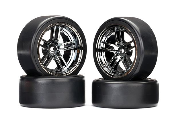 Traxxas 4-Tec 2.0 1.9" Front & Rear Pre-Mounted Drift Tires (Black Chrome) w/12mm Hex Split-Spoke Wheels (4) -  - Traxxas
