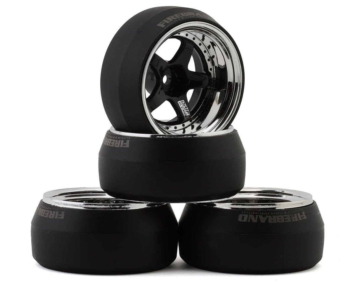 Firebrand RC Element-DSR 1/10 Drift Wheel Kit w/HDPE Tires (Black/Chrome) (4) (0 Degree) w/12mm Hex