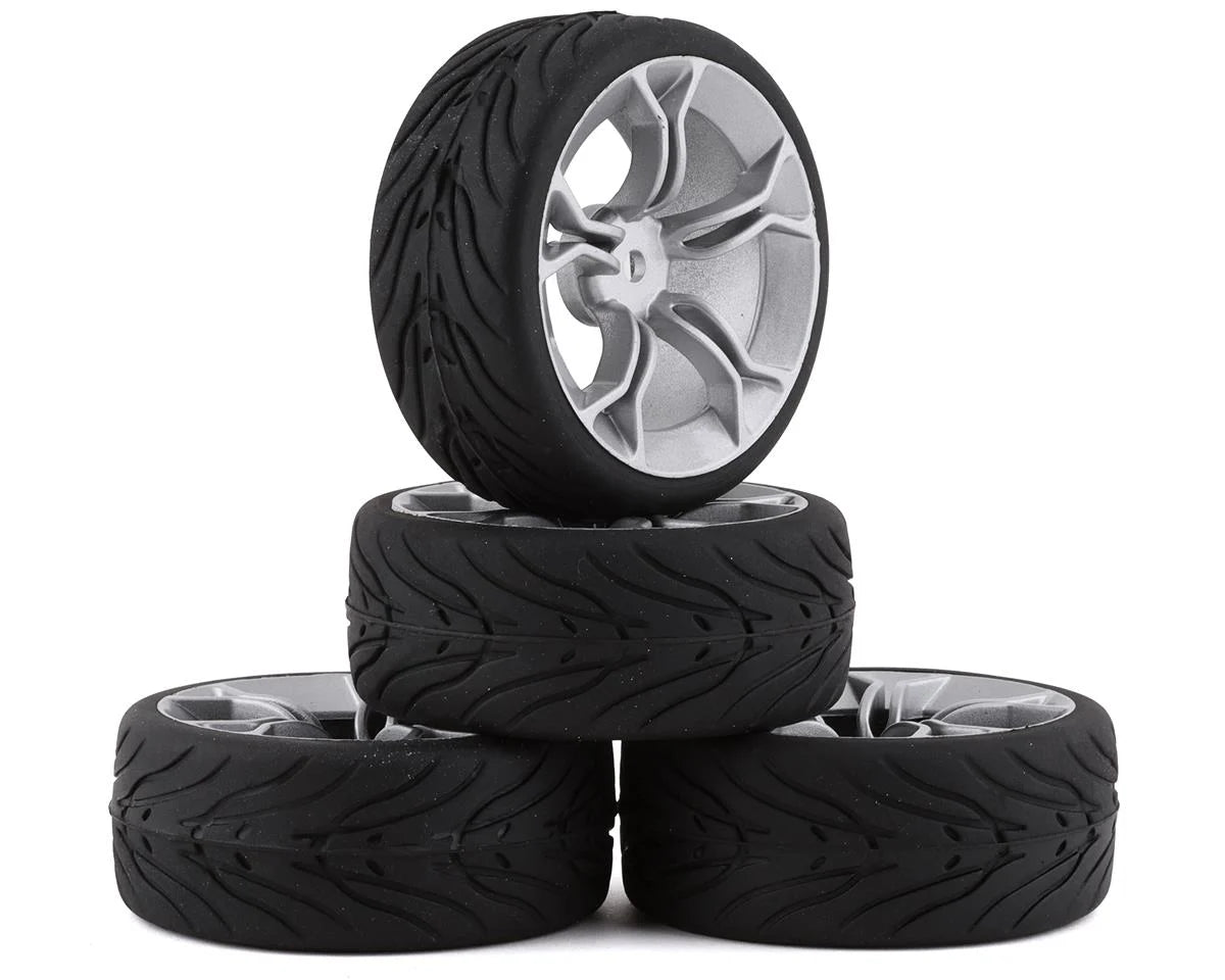 Yeah Racing Spec T Pre-Mounted On-Road Touring Tires w/MS Wheels (Silver) (4) w/12mm Hex & 3mm Offset -  - AMain Distributing