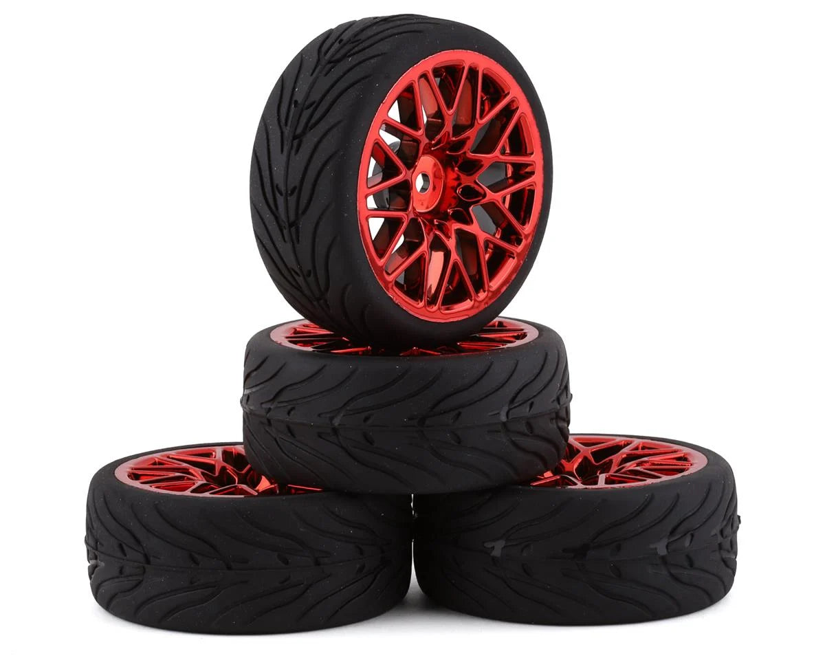 Yeah Racing Spec T Pre-Mounted On-Road Touring Tires w/LS Wheels (Red) (4) w/12mm Hex & 3mm Offset -  - AMain Distributing