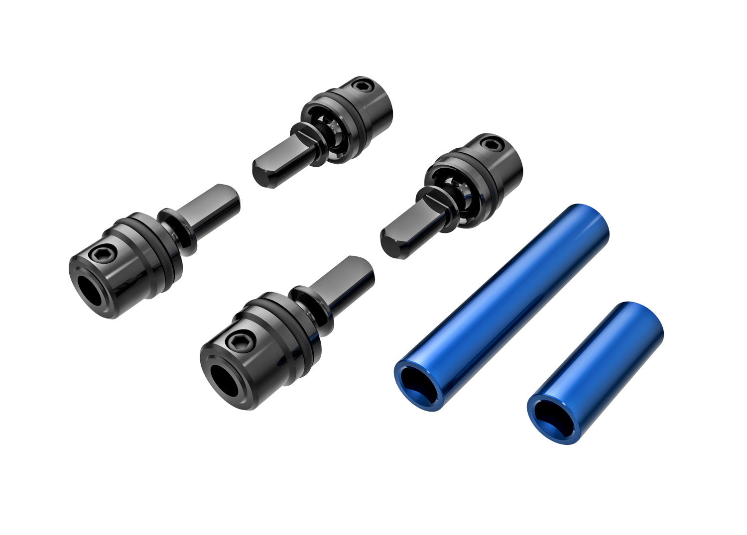 TRAXXAS  Driveshafts, center, male (steel) (4)/ driveshafts, center, female, 6061-T6 aluminum (blue-anodized) (front & rear)/ 1.6x7mm BCS (with threadlock) (4) -  - Traxxas
