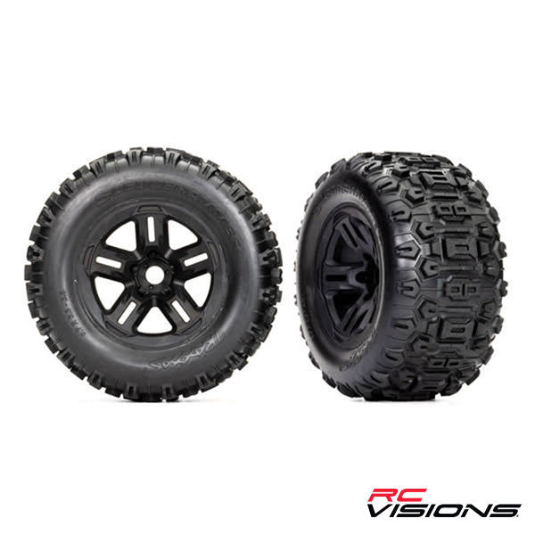 Traxxas Tires and wheels, assembled, glued 3.8' black wheels, Sledgehammer®  (2) - Wheel/Tires - Traxxas
