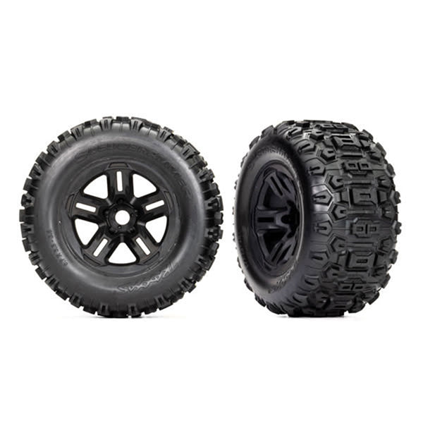Traxxas Tires and wheels, assembled, glued 3.8' black wheels, Sledgehammer®  (2) - Wheel/Tires - Traxxas