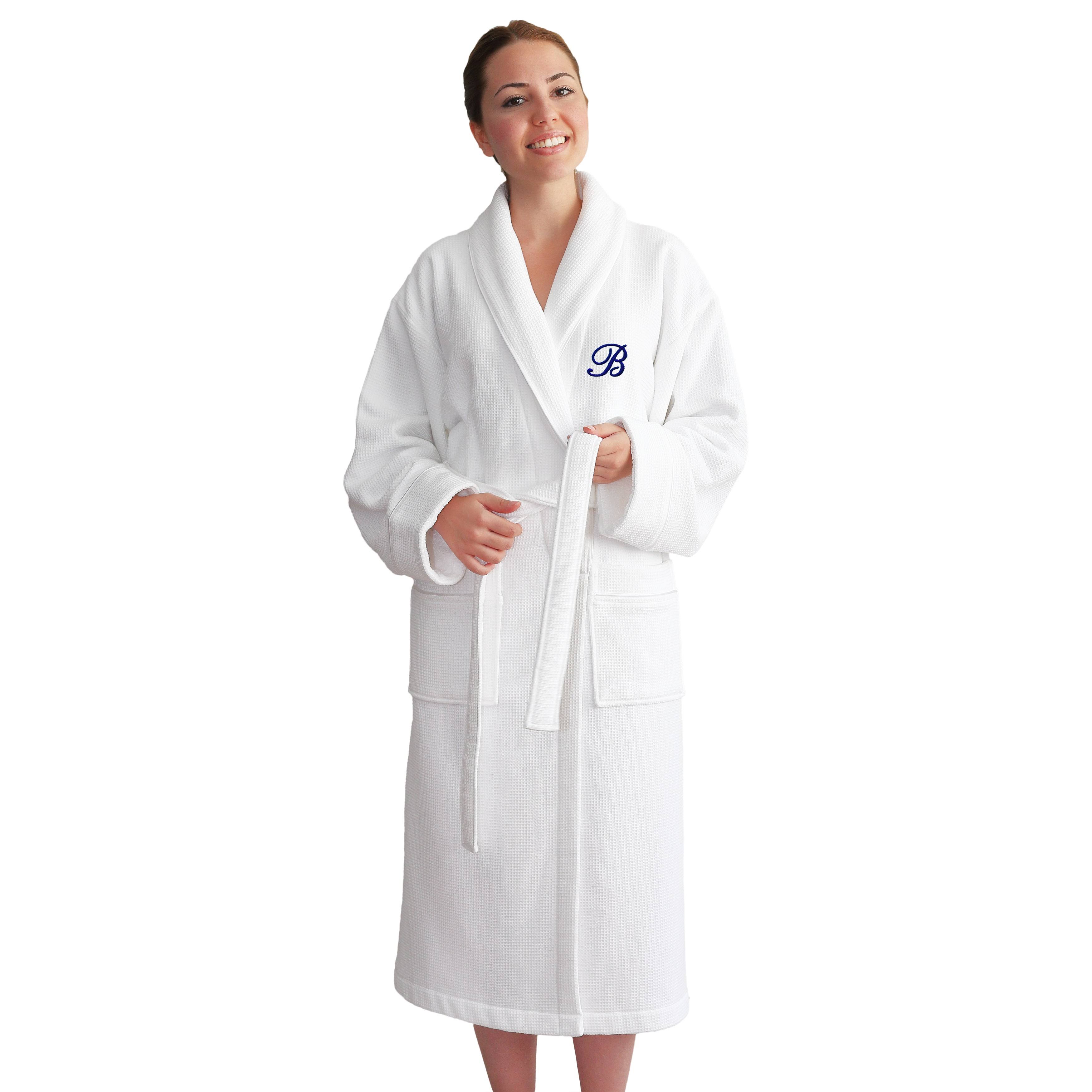 Authentic Hotel and Spa Unisex Navy Blue Monogrammed Turkish Cotton Waffle Weave Terry Bath Robe White E Large/Extra Large EZ_TGBDA6MX