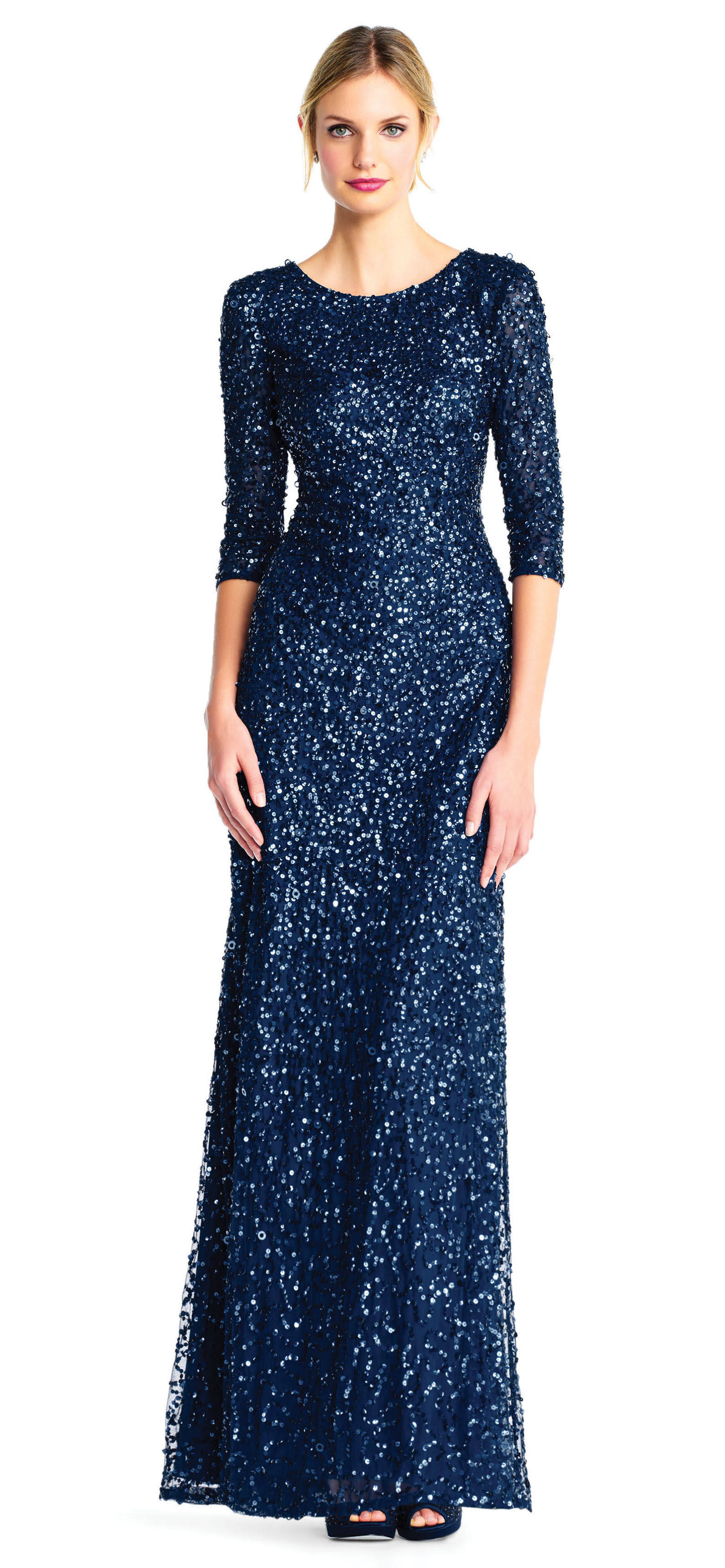 Adrianna Papell 3/4 Sleeve Sequin Beaded Column Gown - Deep Blue 12 4F_3G16ISKY Adrianna Papell 3/4 Sleeve Sequin Beaded Column Gown - Deep Blue 12 4F_3G16ISKY