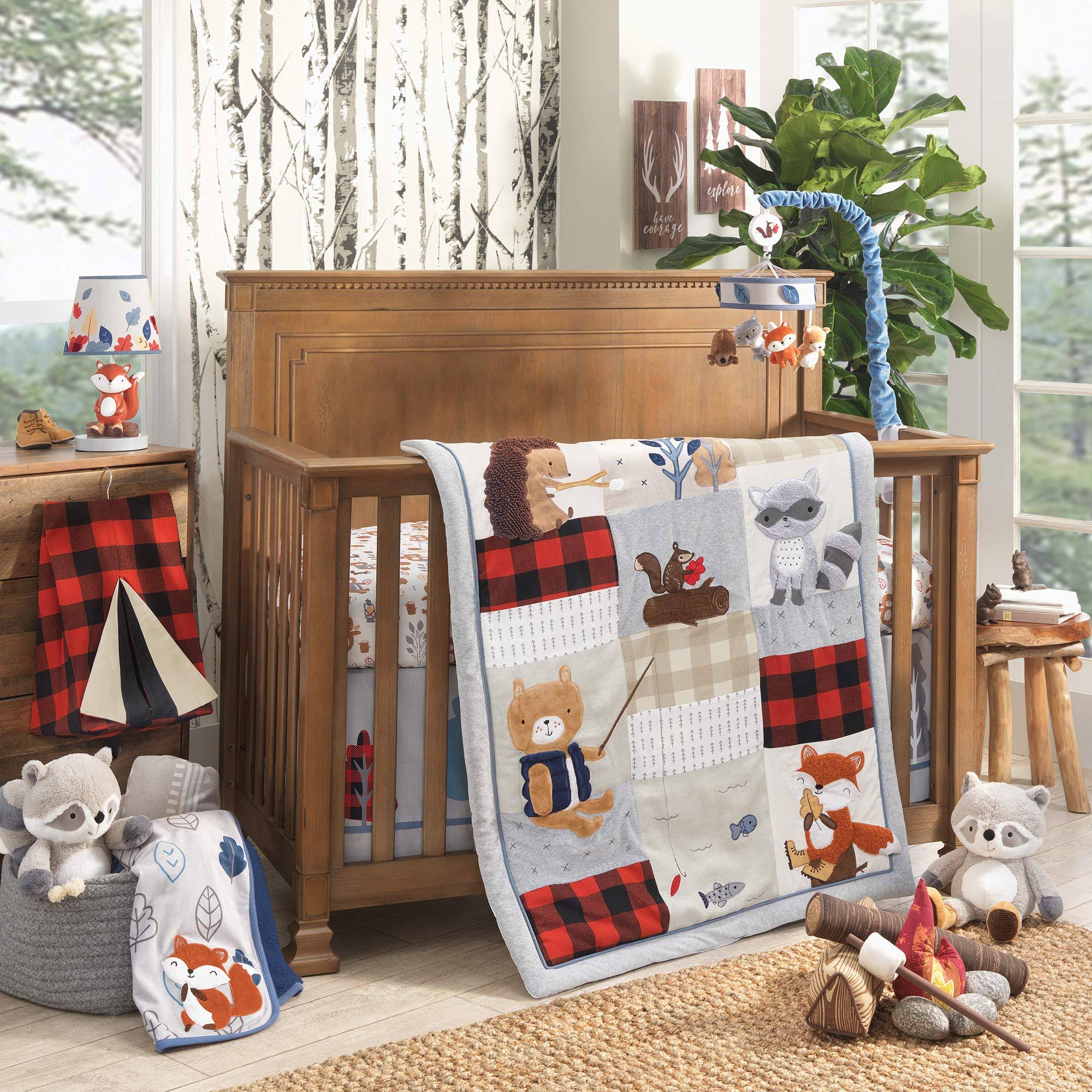 Lambs Ivy Little Campers Woodland Animal 5-Piece Baby Crib Bedding Set - Gray, Red AK_YYGNWGTG