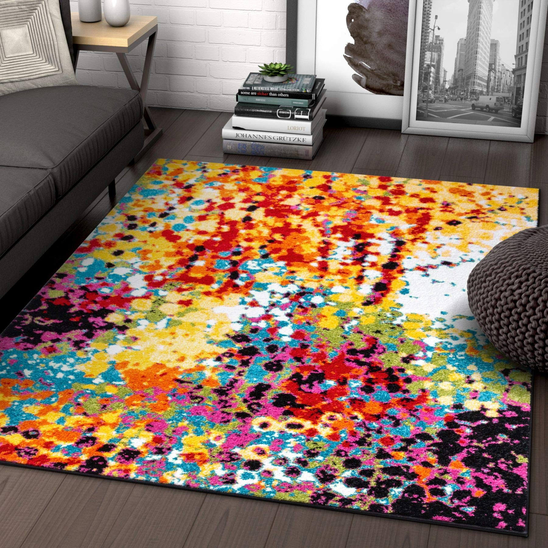 Impasto Multi Geometric Red Yellow Blue Modern Abstract Painting Area Rug 3x5 (3'3 inch x 5') Brush Stroke Area Rug, Size 3'3 x D6_XLB4BMKO