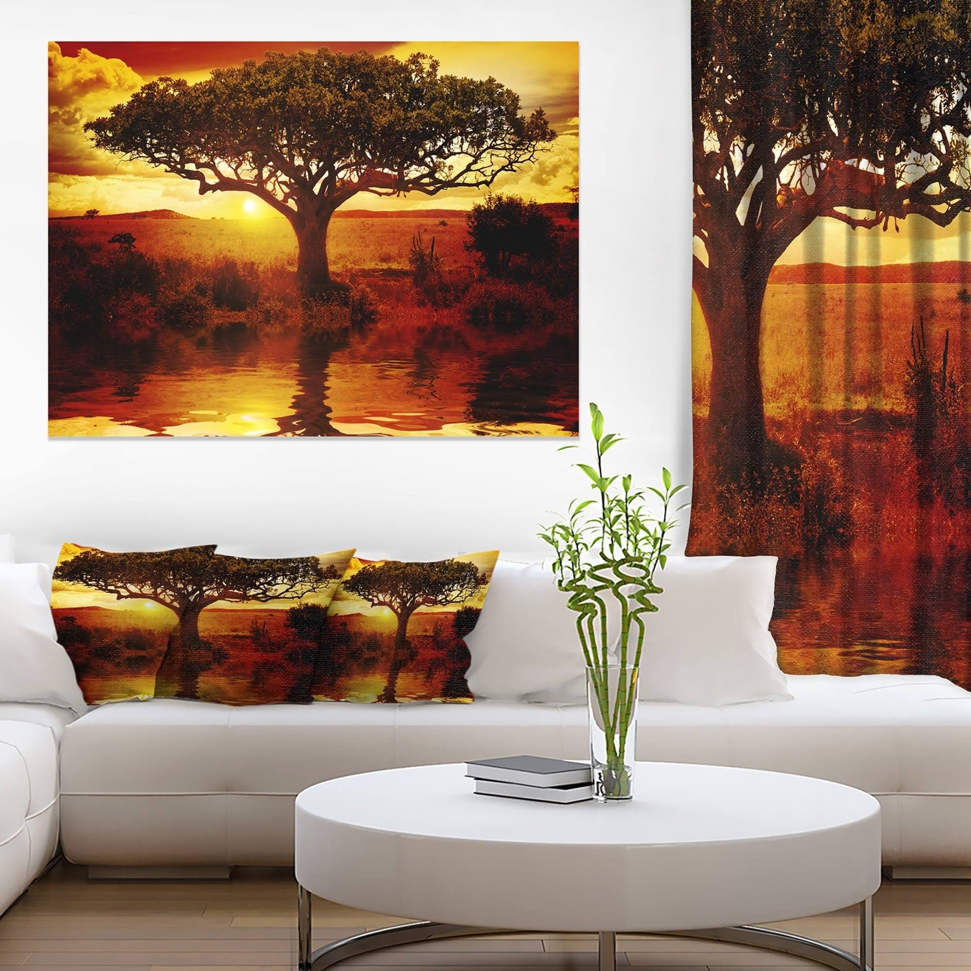Lonely Tree in African Sunset - Oversized African Landscape Canvas Art - Yellow - 48 in. Wide x 28 in. High - 4 Panels QQ_EJI8KUES
