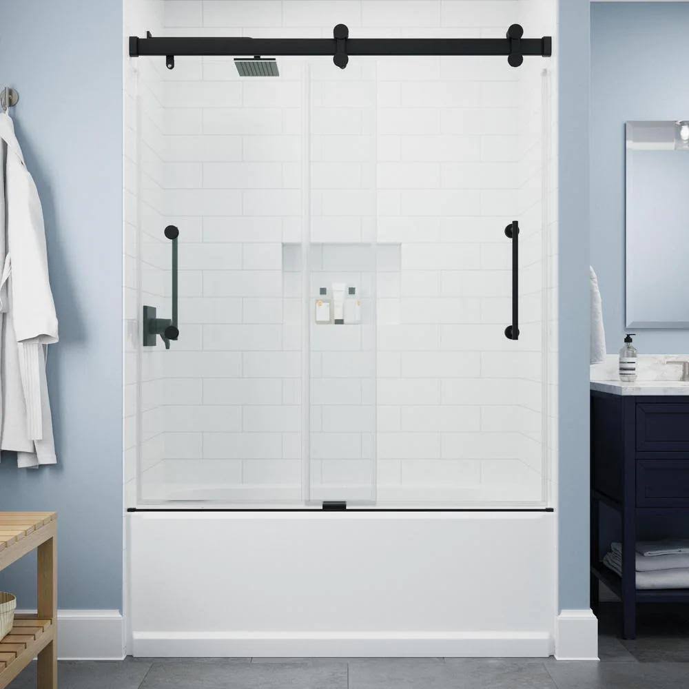 Delta Paxos 60 in. W x 62-1/4 in. H Sliding Frameless Bathtub Door in Matte Black with 5/16 in. (8 mm) Clear Glass RD_XWWMUGHQ