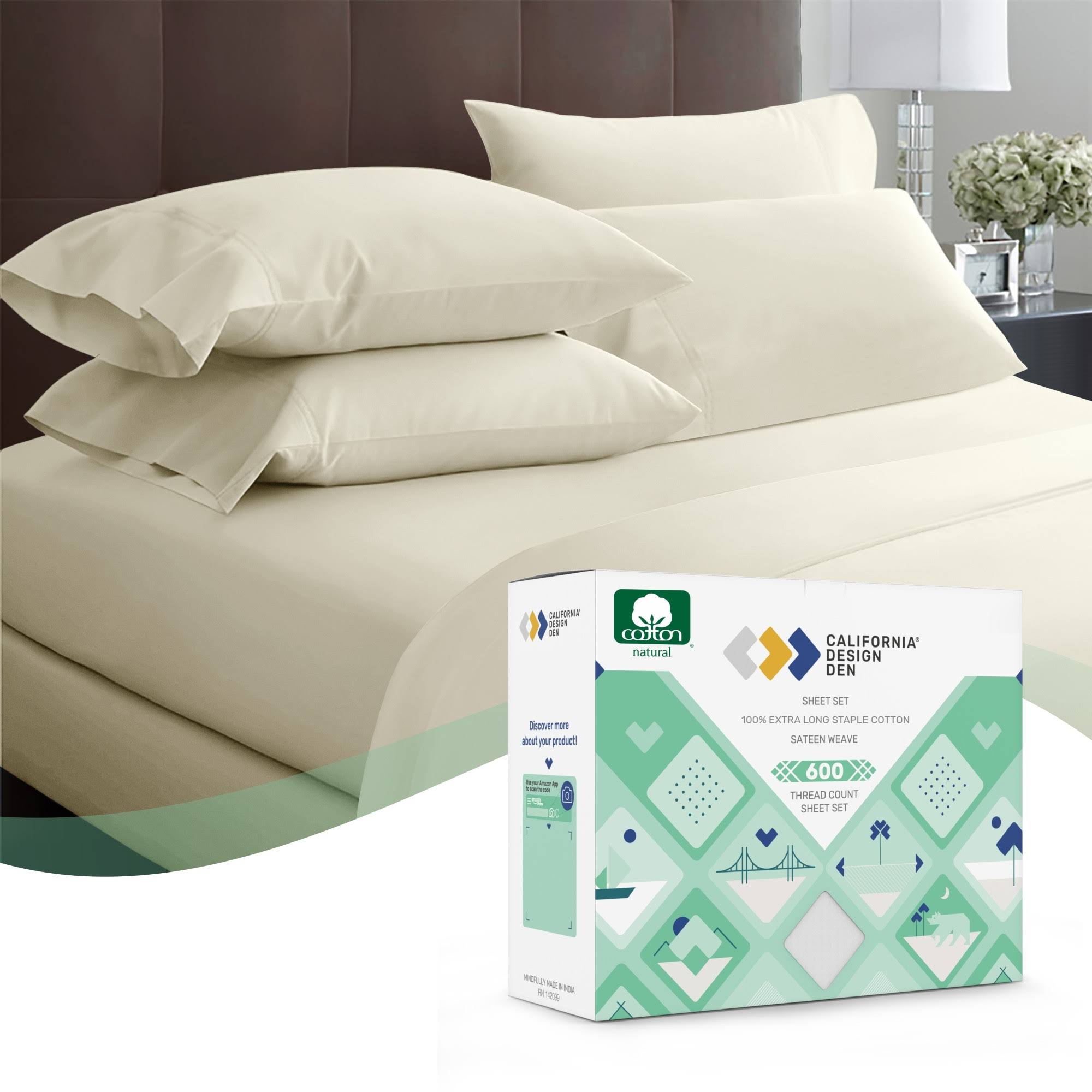 Ivory Twin XL Sheet Set - 100% Pure Cotton 600 Thread Count, Ultra Soft Sateen Sheets, Deep Pocket 3 Piece Luxury Bedding - Cali UX_TKSHHK2I