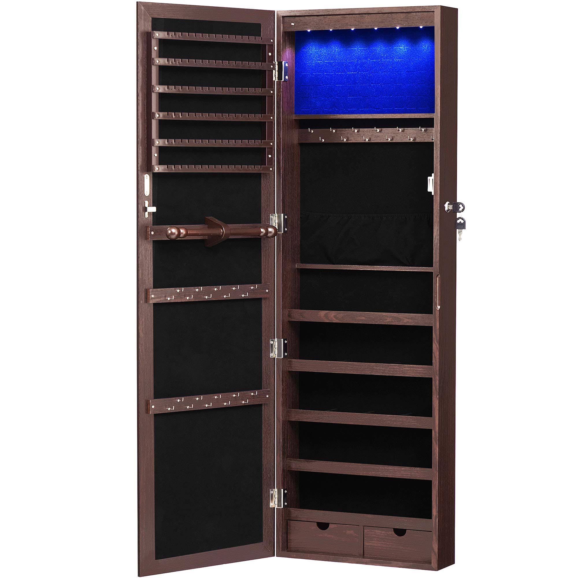 SONGMICS 6 LEDs Jewelry Cabinet Lockable Wall Door Mounted Jewelry Armoire Organizer with Mirror 2 Drawers Brown UJJC93K 0B_XBPEUGHJ