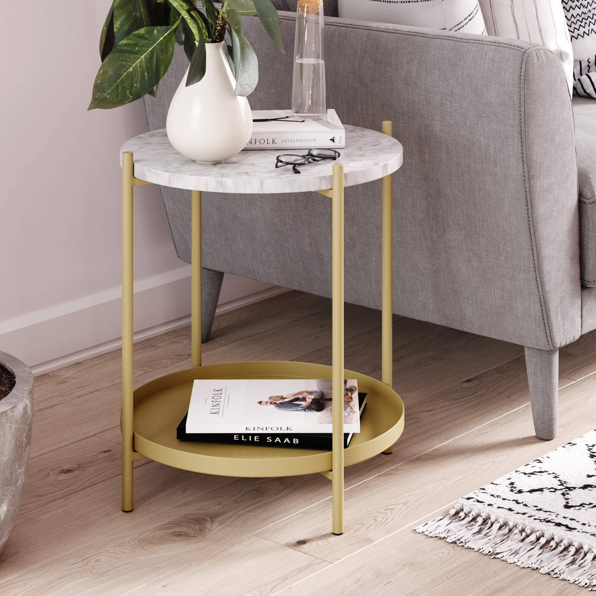 Nathan James Alexis White Faux Marble with Gold Brass Metal Frame Round End Side Table TI_C5W5LOO9