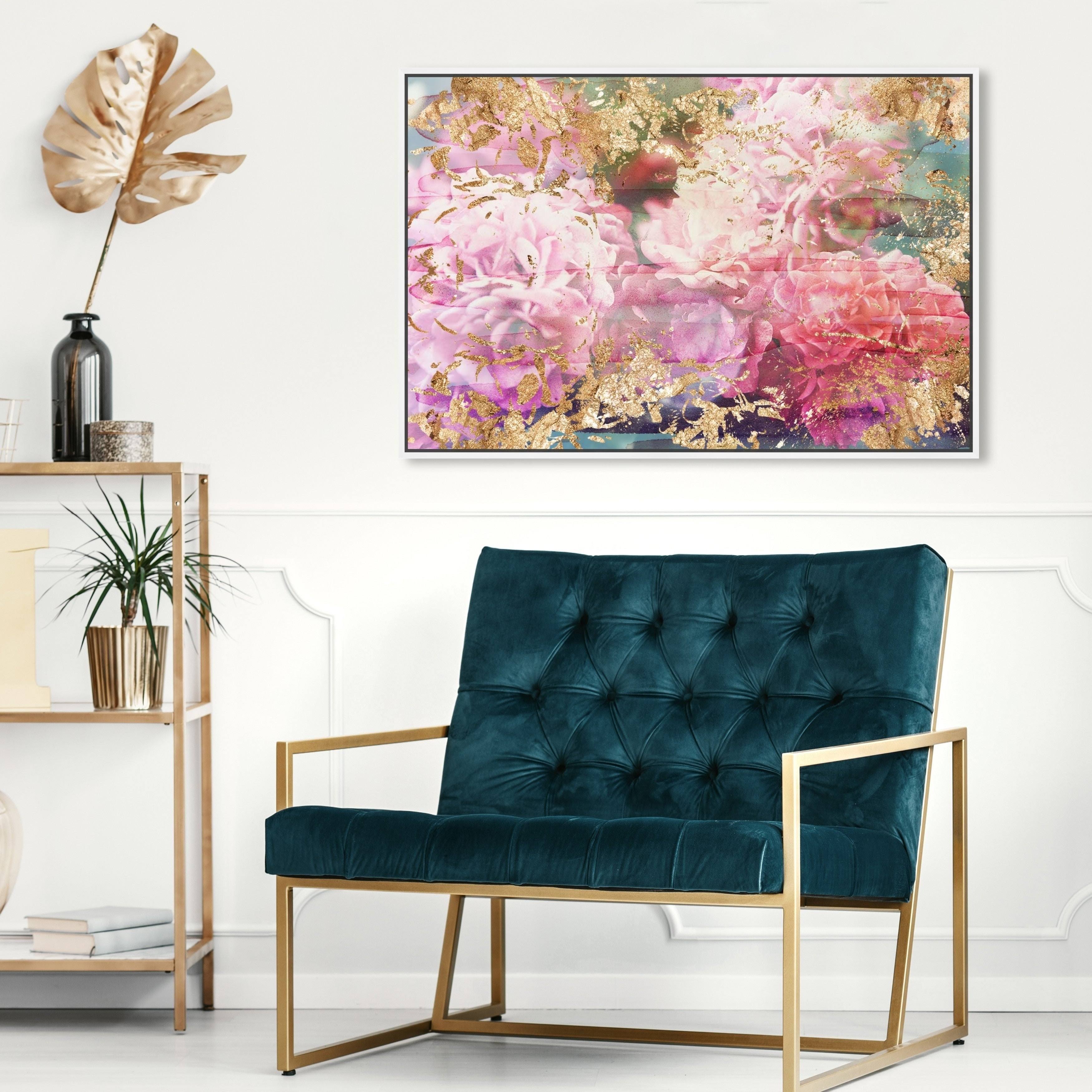 Oliver Gal Floral and Botanical Wall Art Framed Canvas Prints 'Rose Rhapsody' Florals - Pink, Gold - 30 x 20 - White MQ_V01IHTLK