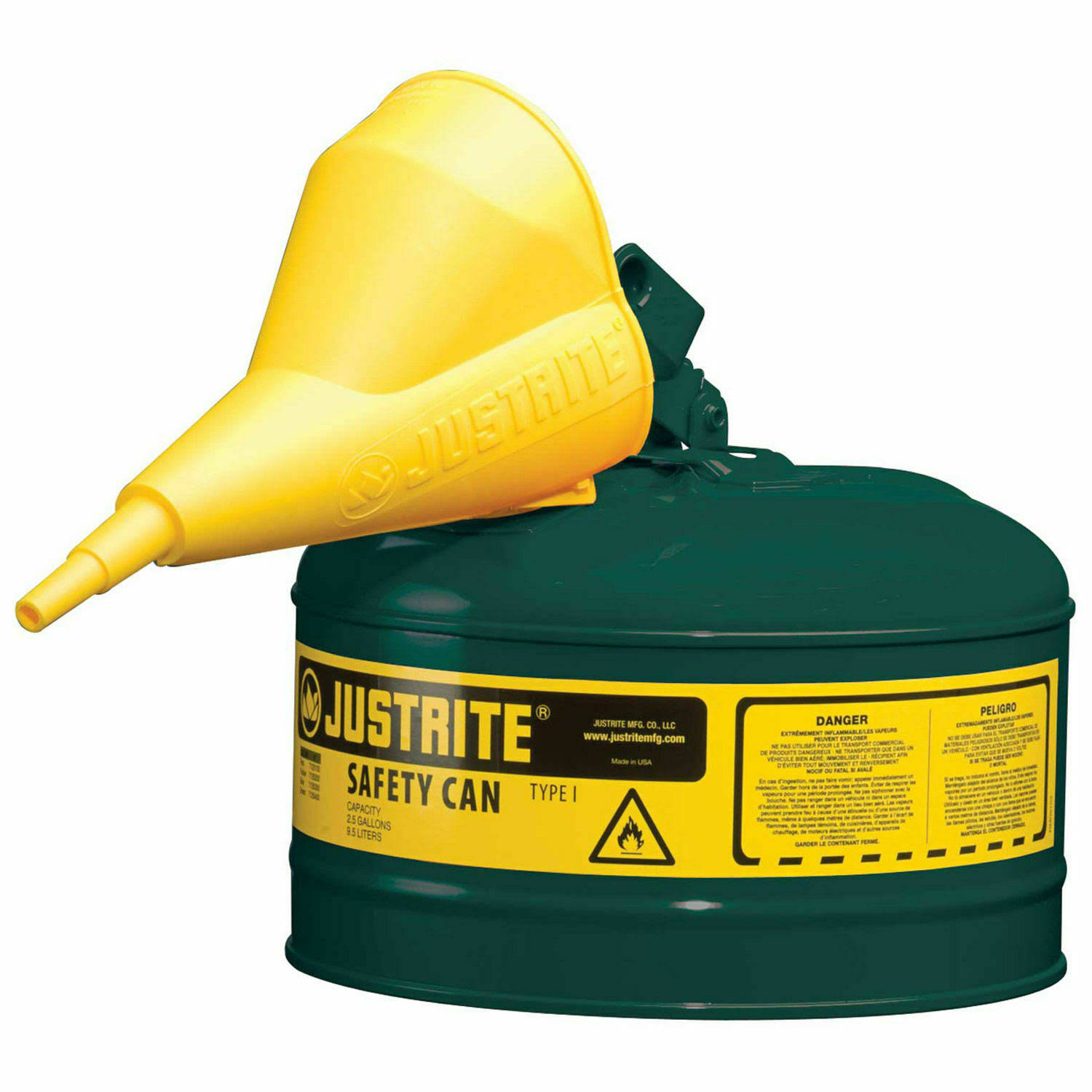Justrite 7125410 Type I Steel Safety Can, Oil, 2.5 gal, Green, with Funnel OE_PSK7K42H