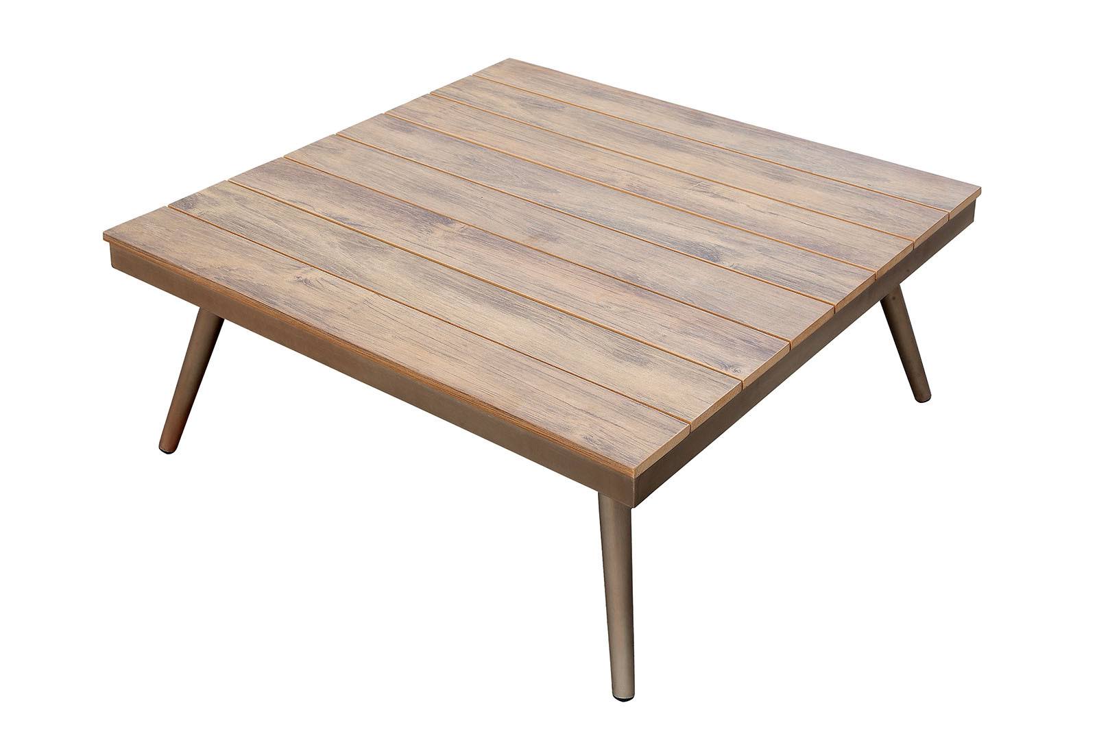 Benzara - Aluminum Framed Coffee Table with Faux Wood Plank Style Top, Brown and Gold 7M_FTET0NVA