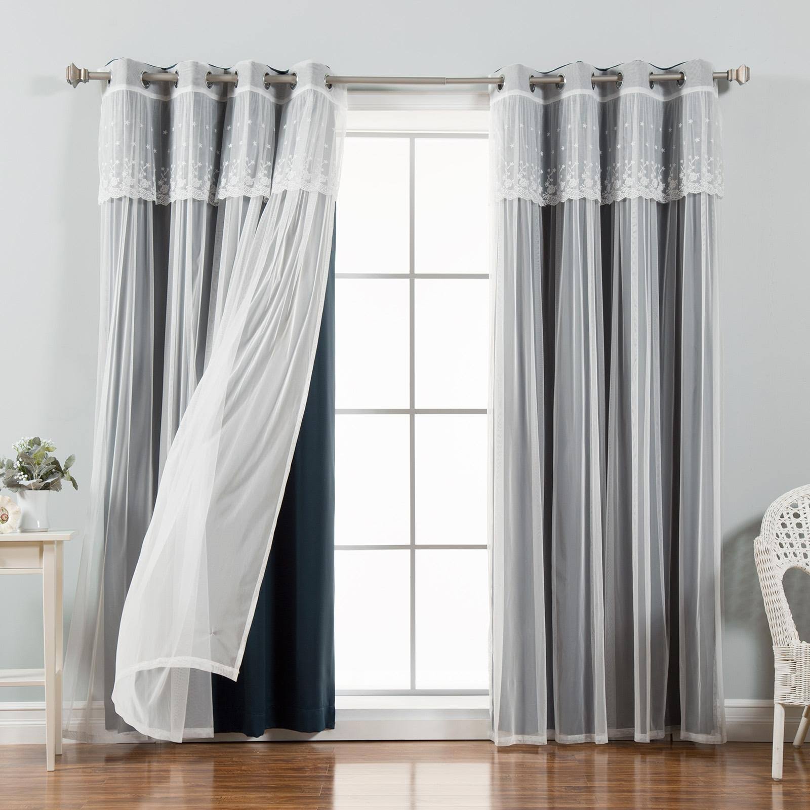 Best Home Fashion Mix Match Tulle Blackout Curtain with Attached Valance - Set of 4 Navy, Size 52 x 84 ED_FHSF2TXJ
