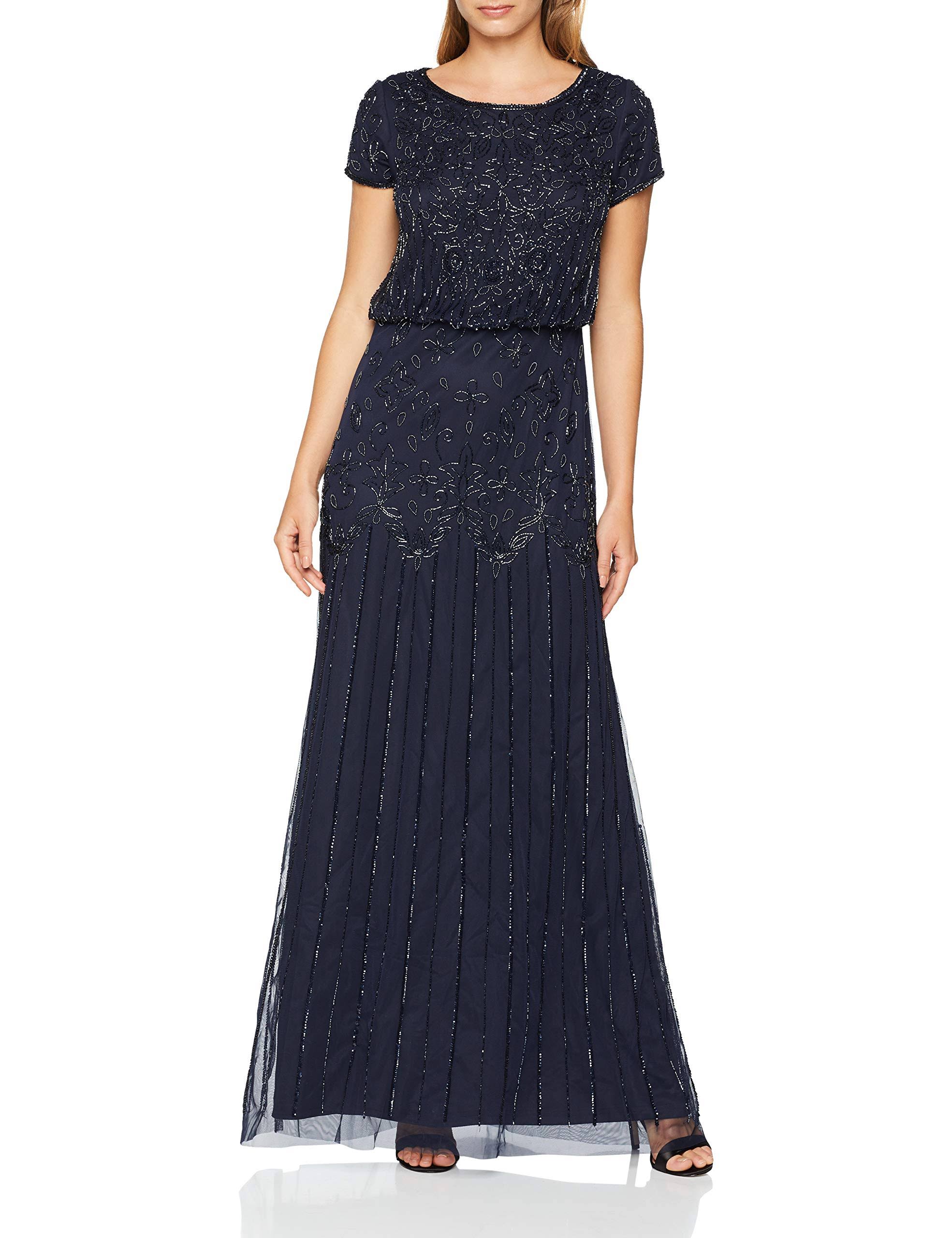 Adrianna Papell Short Sleeve Blouson Beaded Gown, Navy, Size 2 AL_5J7WQVV8