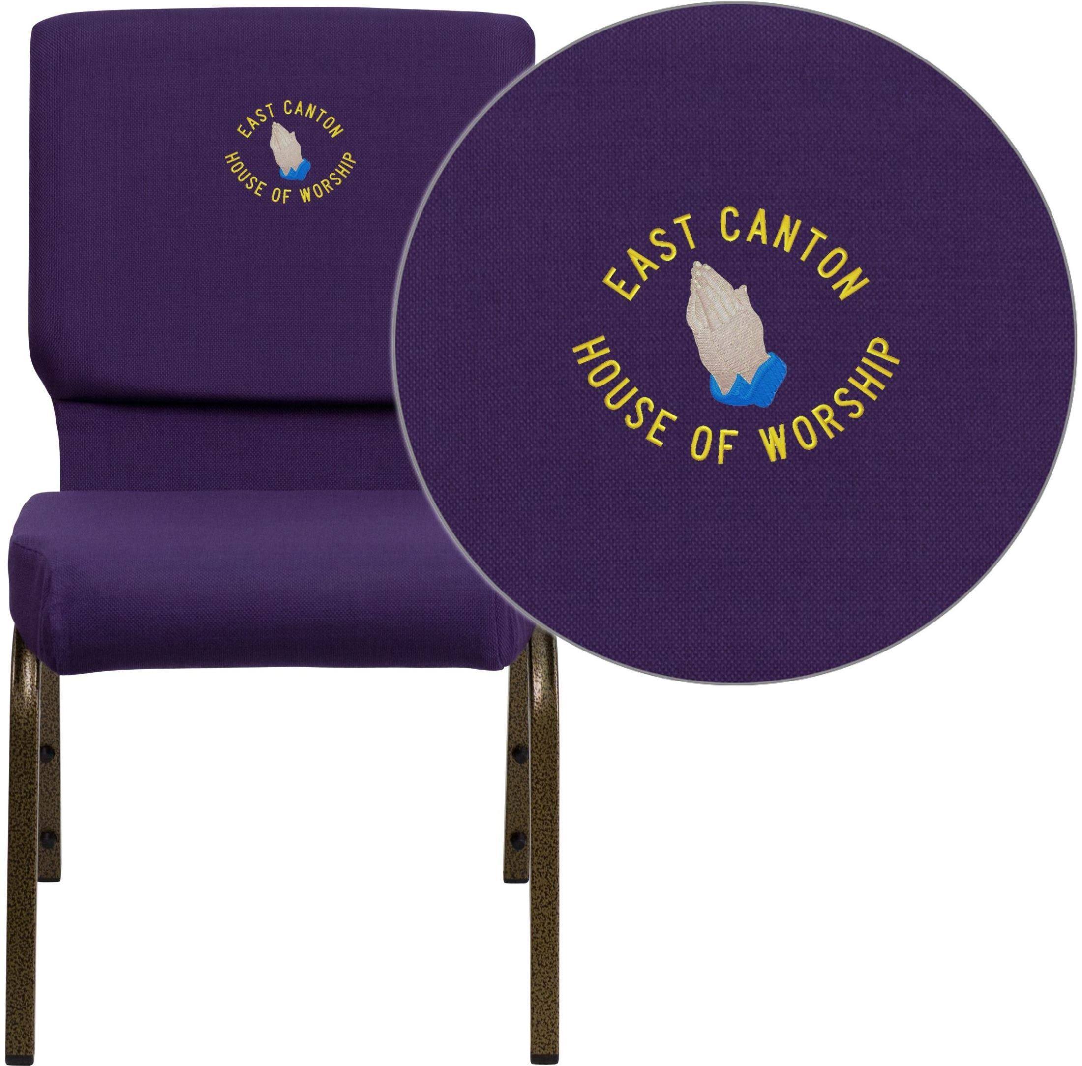 Embroidered Hercules Series 18.5''w Stacking Church Chair in Royal Purple Fabric - Gold Vein Frame SU_SEIU11RW