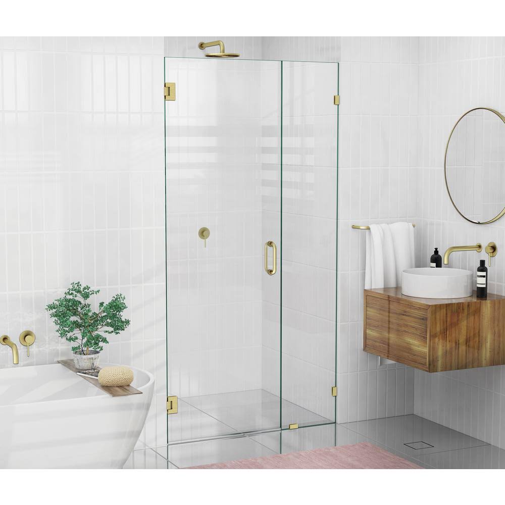Glass Warehouse 39.75 in. x 78 in. Frameless Wall Hinged Shower Door in Satin Brass with Handle PR_J8SEUNWL