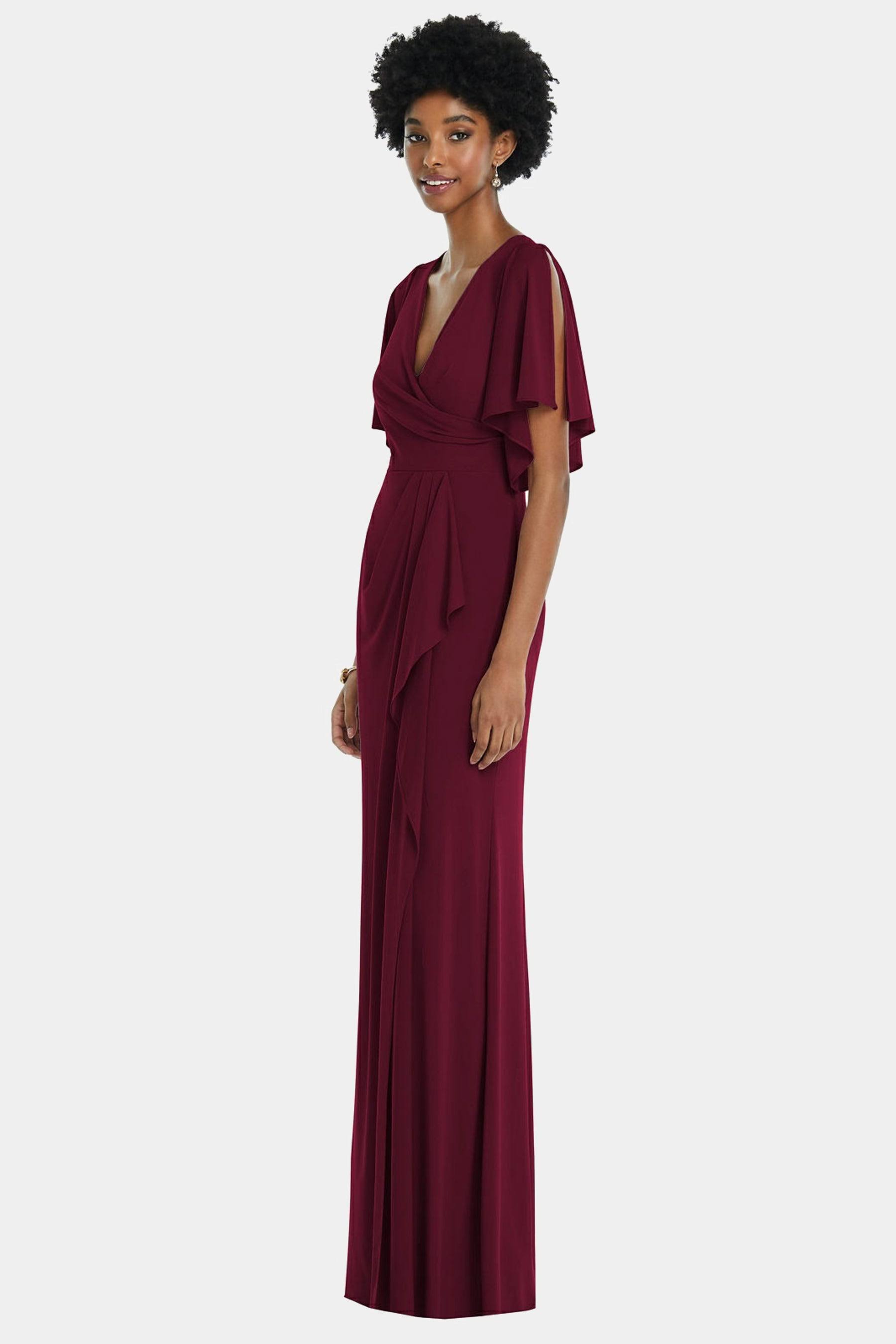 Dessy Collection Faux Wrap Split Sleeve Maxi Dress With Cascade Skirt - 3107 - Black - S X0_GYBTXLQ8 Dessy Collection Faux Wrap Split Sleeve Maxi Dress With Cascade Skirt - 3107 - Black - S X0_GYBTXLQ8