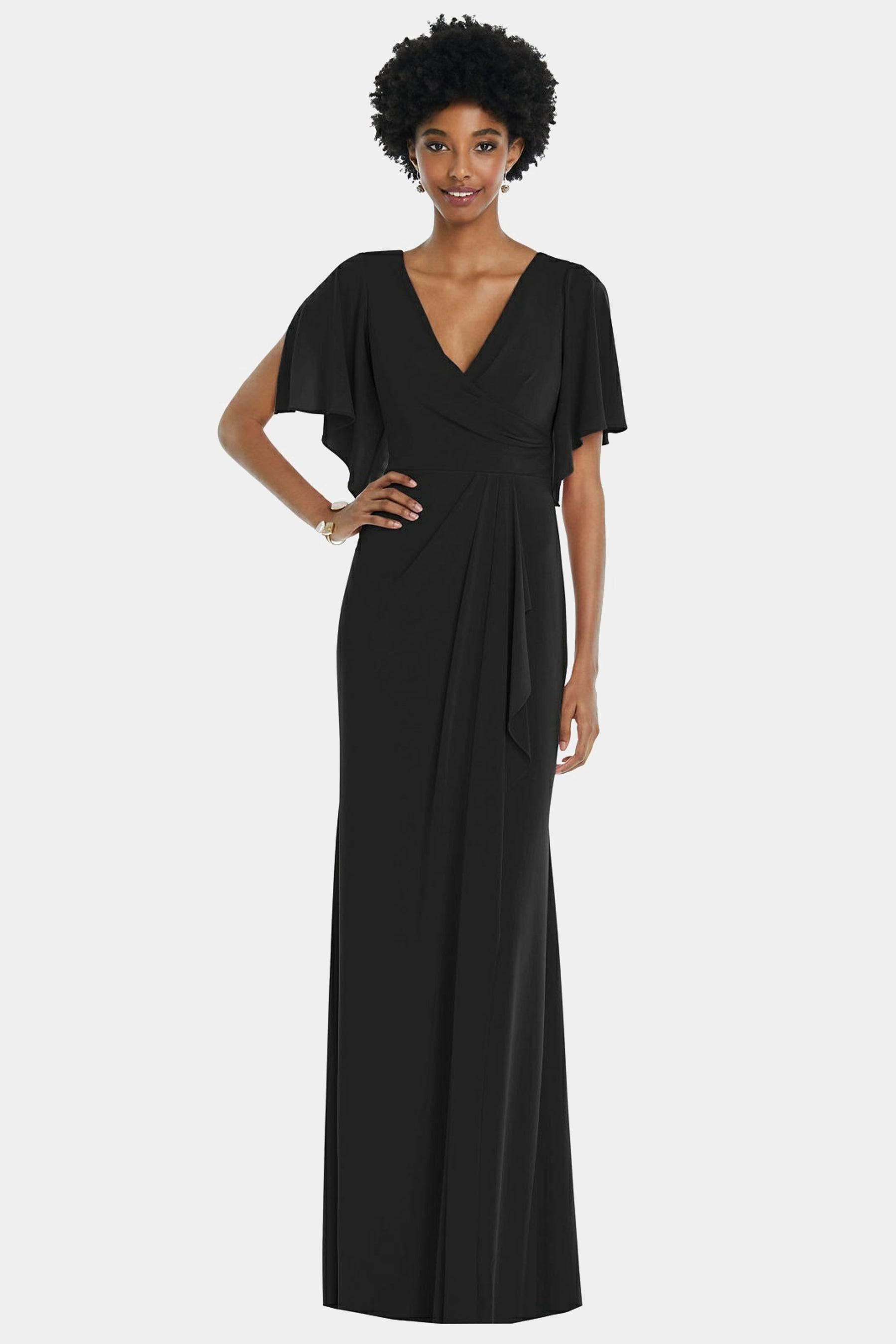 Dessy Collection Faux Wrap Split Sleeve Maxi Dress With Cascade Skirt - 3107 - Black - S X0_GYBTXLQ8 Dessy Collection Faux Wrap Split Sleeve Maxi Dress With Cascade Skirt - 3107 - Black - S X0_GYBTXLQ8