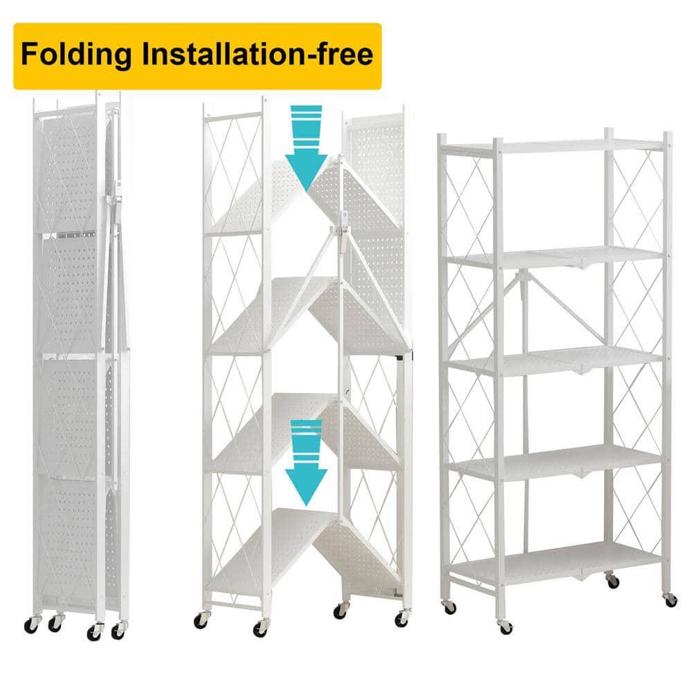 Fufu&Gaga 64.3 In. H White Metal 10-Shelf Freestanding Standard Bookcase Foldable Metal Shelf Shelving Unit With Wheels SN_4DSD0N77