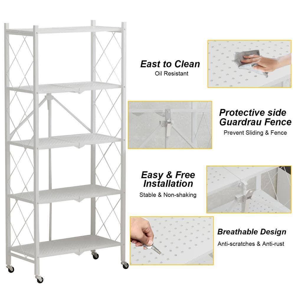 Fufu&Gaga 64.3 In. H White Metal 10-Shelf Freestanding Standard Bookcase Foldable Metal Shelf Shelving Unit With Wheels SN_4DSD0N77