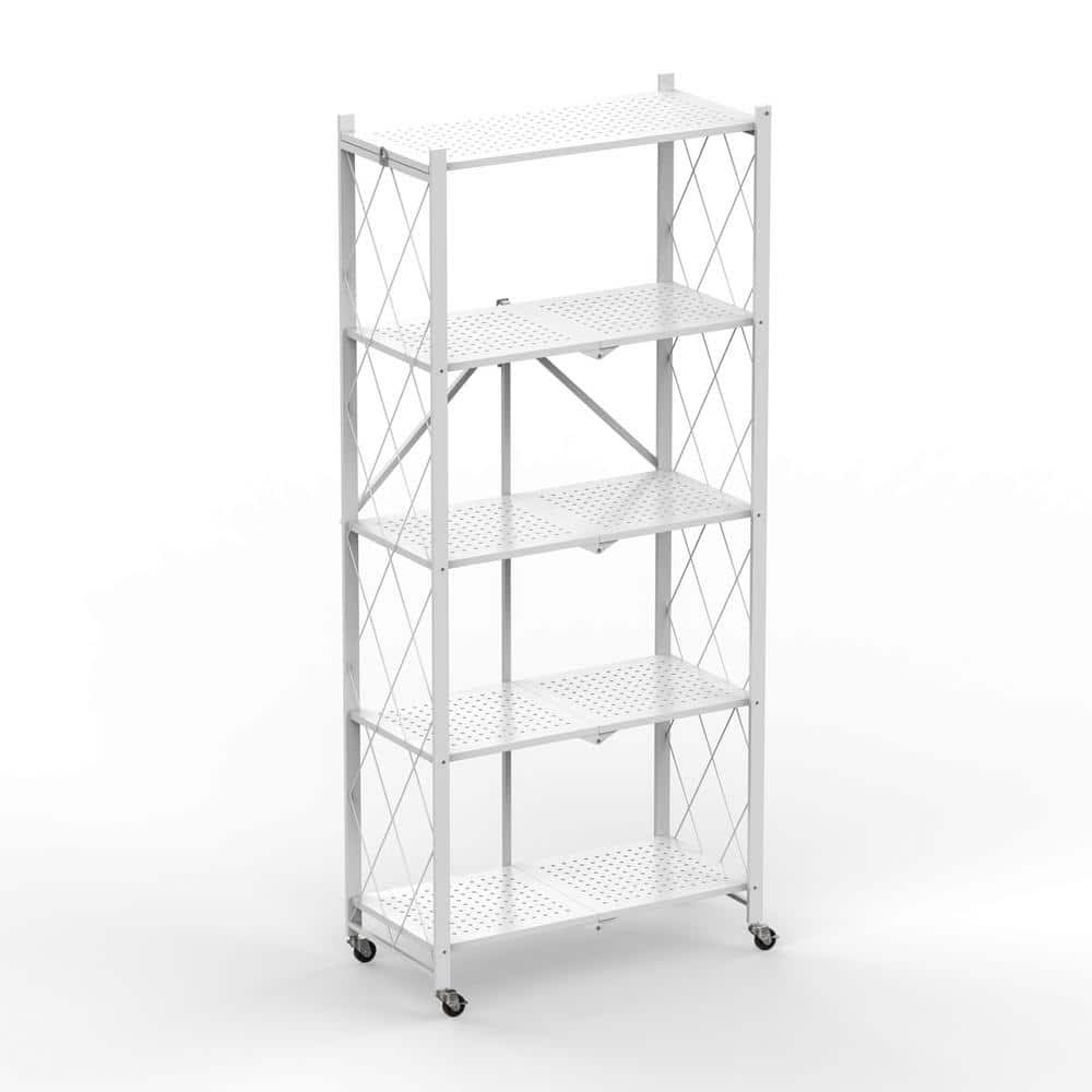 Fufu&Gaga 64.3 In. H White Metal 10-Shelf Freestanding Standard Bookcase Foldable Metal Shelf Shelving Unit With Wheels SN_4DSD0N77