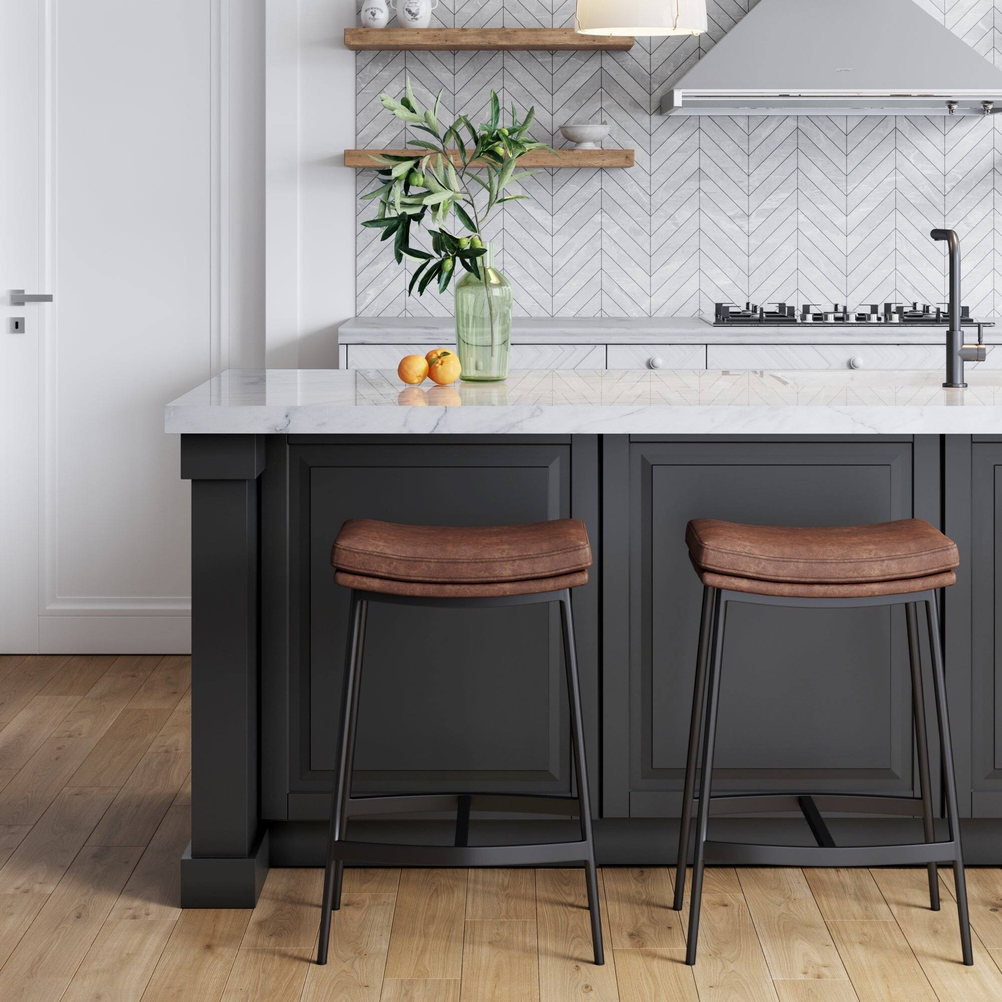 Nathan James Arlo Modern Backless Upholstered Kitchen Counter Bar Stool With Saddle Seat And Metal Base, Brown/ Matte Black KP_7M3RYC3R