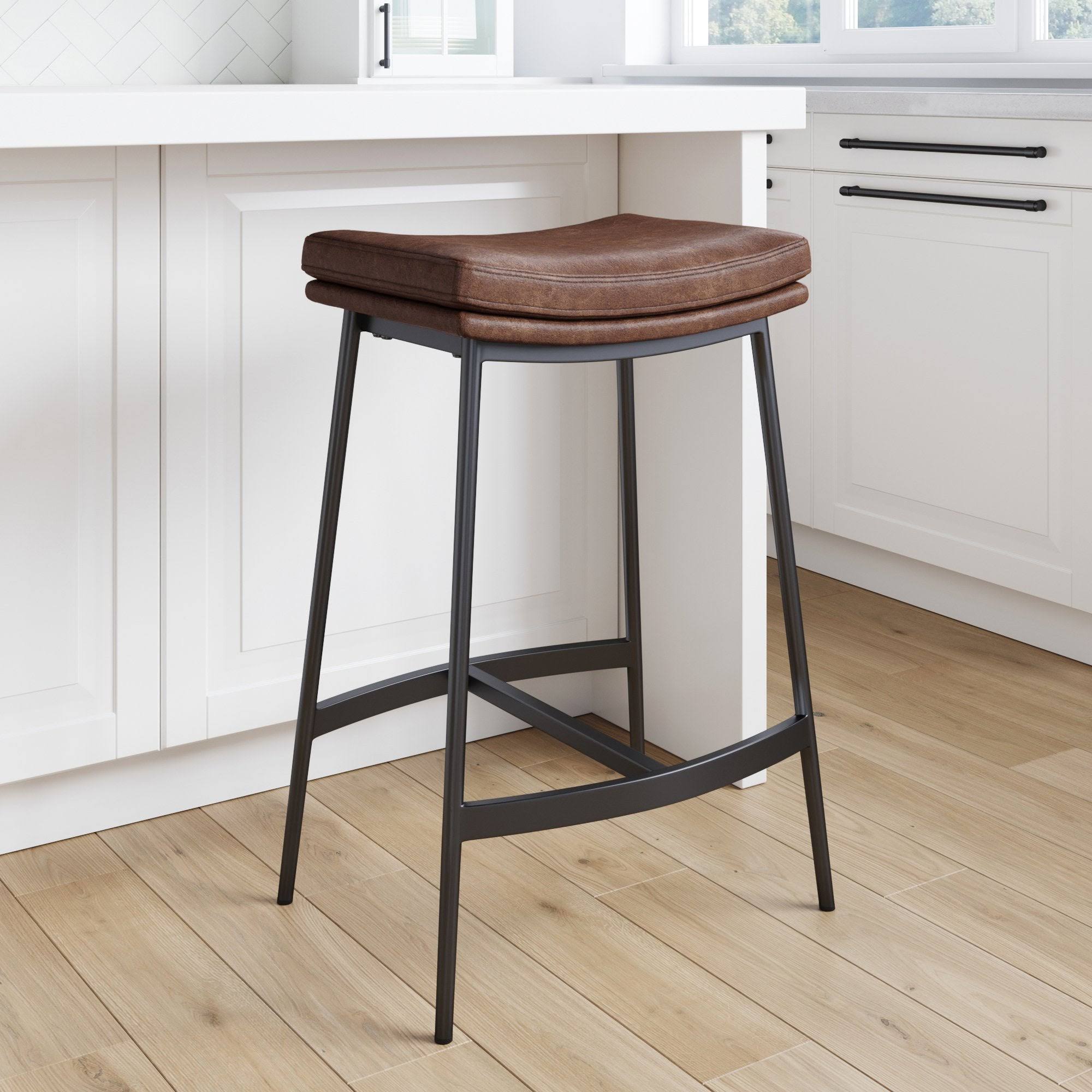 Nathan James Arlo Modern Backless Upholstered Kitchen Counter Bar Stool With Saddle Seat And Metal Base, Brown/ Matte Black KP_7M3RYC3R Nathan James Arlo Modern Backless Upholstered Kitchen Counter Bar Stool With Saddle Seat And Metal Base, Brown/ Matte Black KP_7M3RYC3R