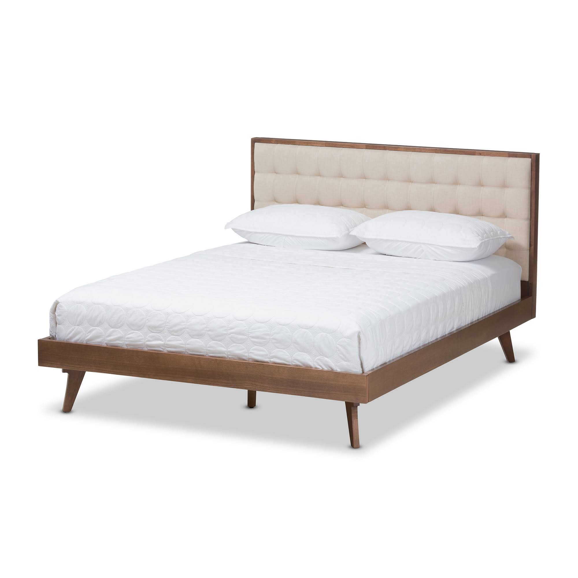 Soloman Mid Modern Fabric And Walnut Finished Wood Platform Full Bed Light Beige - Baxton Studio EY_JRRHJJLZ