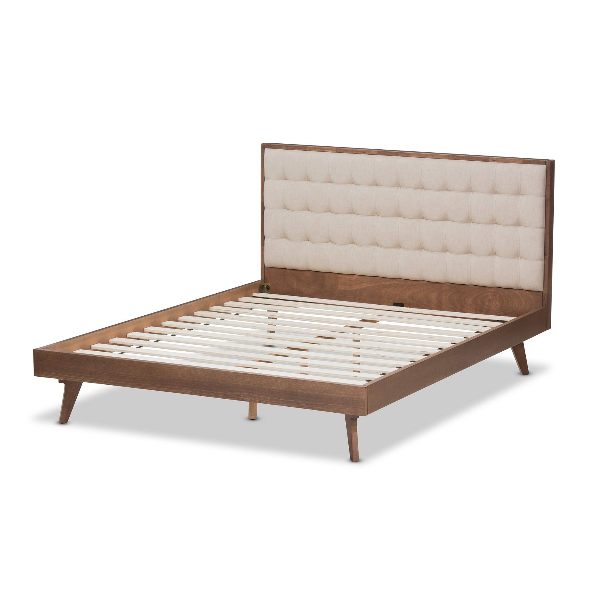 Soloman Mid Modern Fabric And Walnut Finished Wood Platform Full Bed Light Beige - Baxton Studio EY_JRRHJJLZ