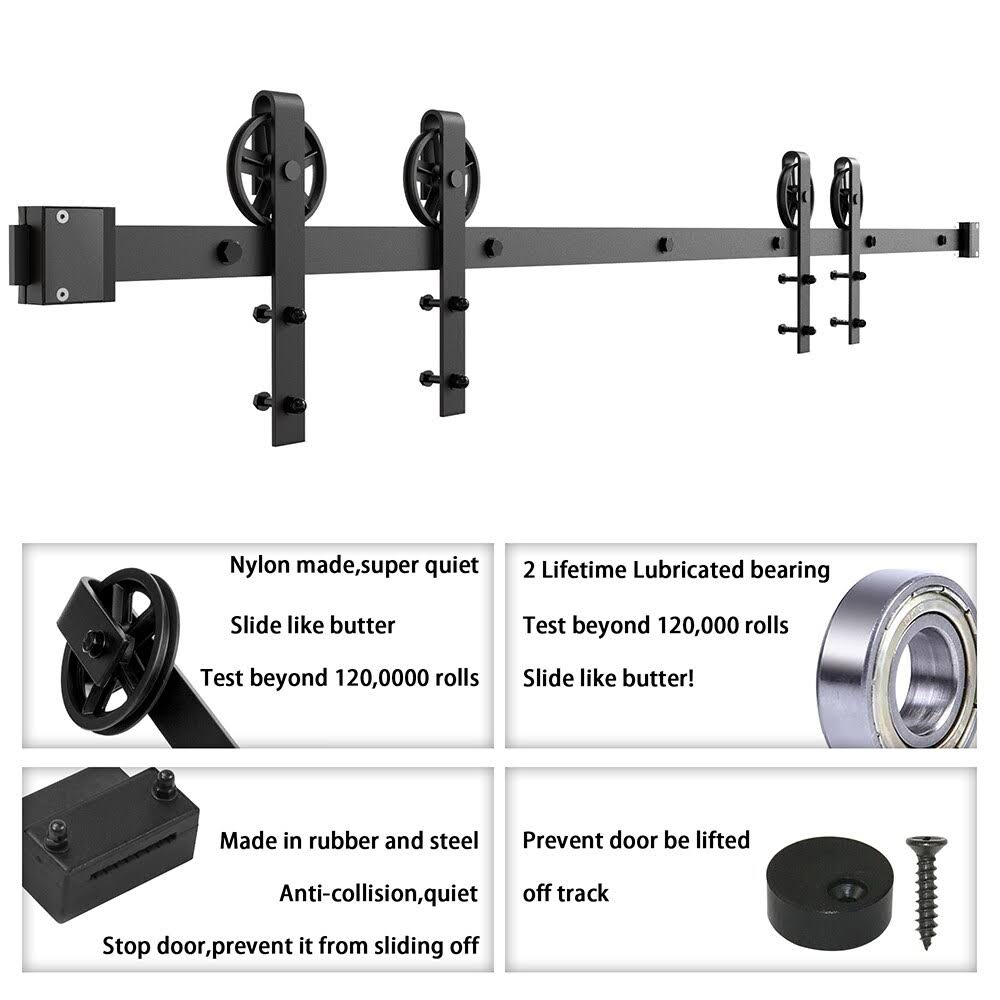 Winsoon 4-12 Ft Sliding Barn Door Hardware Track Kit For Double Doors Big Spoke Rollers - 6ft WA_EVGDQ6DB
