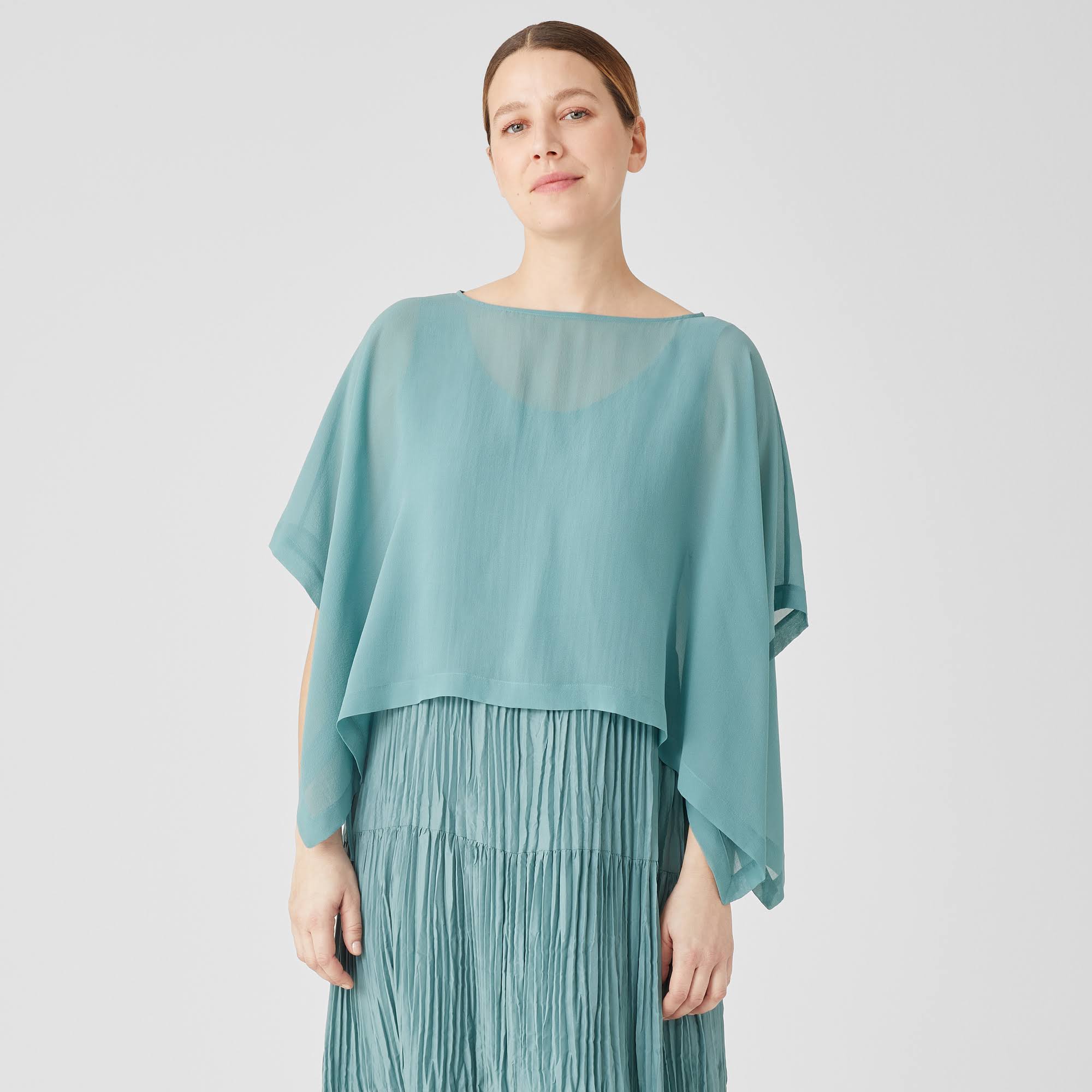 Eileen Fisher Sheer Silk Georgette Poncho Espresso / S/M JS_X9DYGR3P
