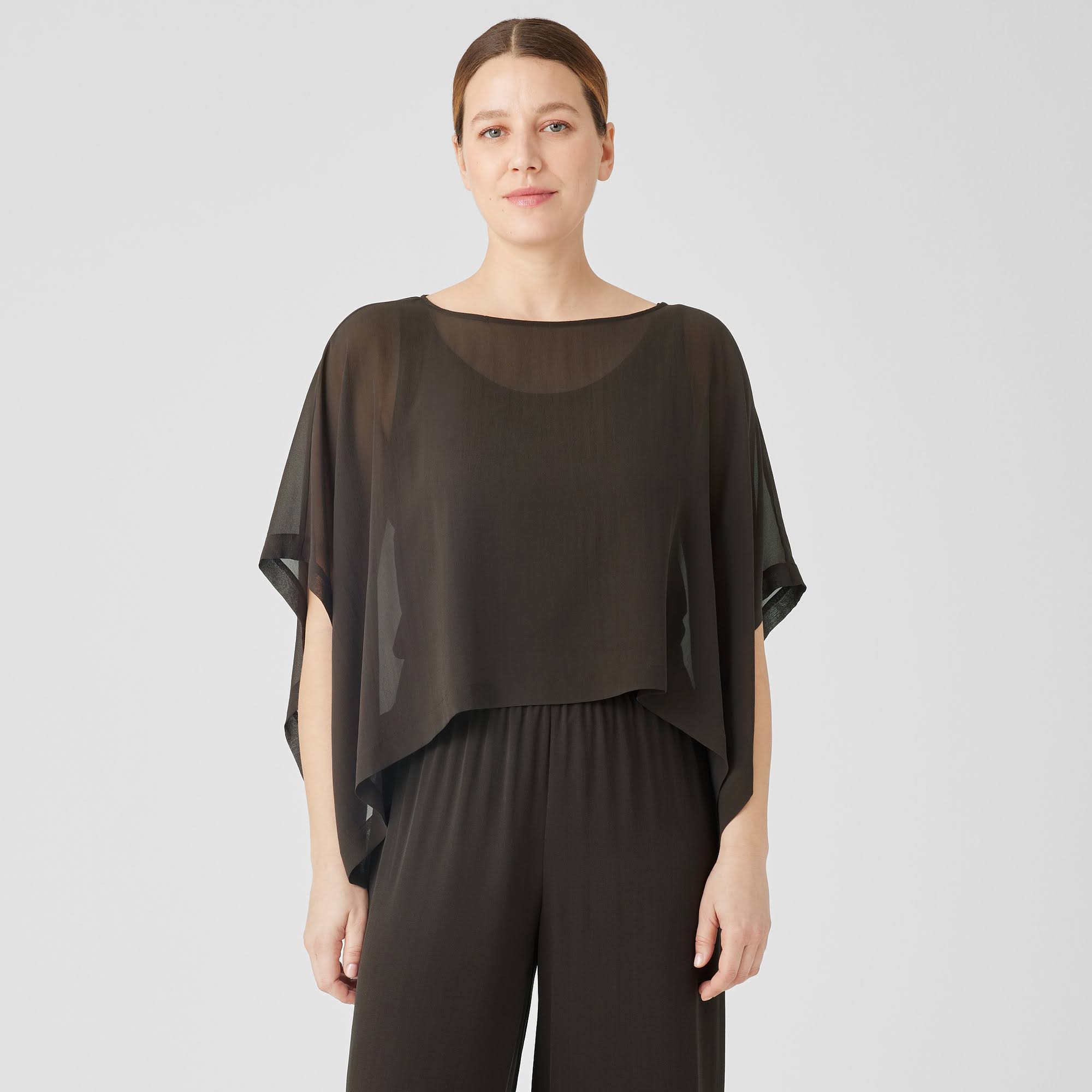 Eileen Fisher Sheer Silk Georgette Poncho Espresso / S/M JS_X9DYGR3P Eileen Fisher Sheer Silk Georgette Poncho Espresso / S/M JS_X9DYGR3P