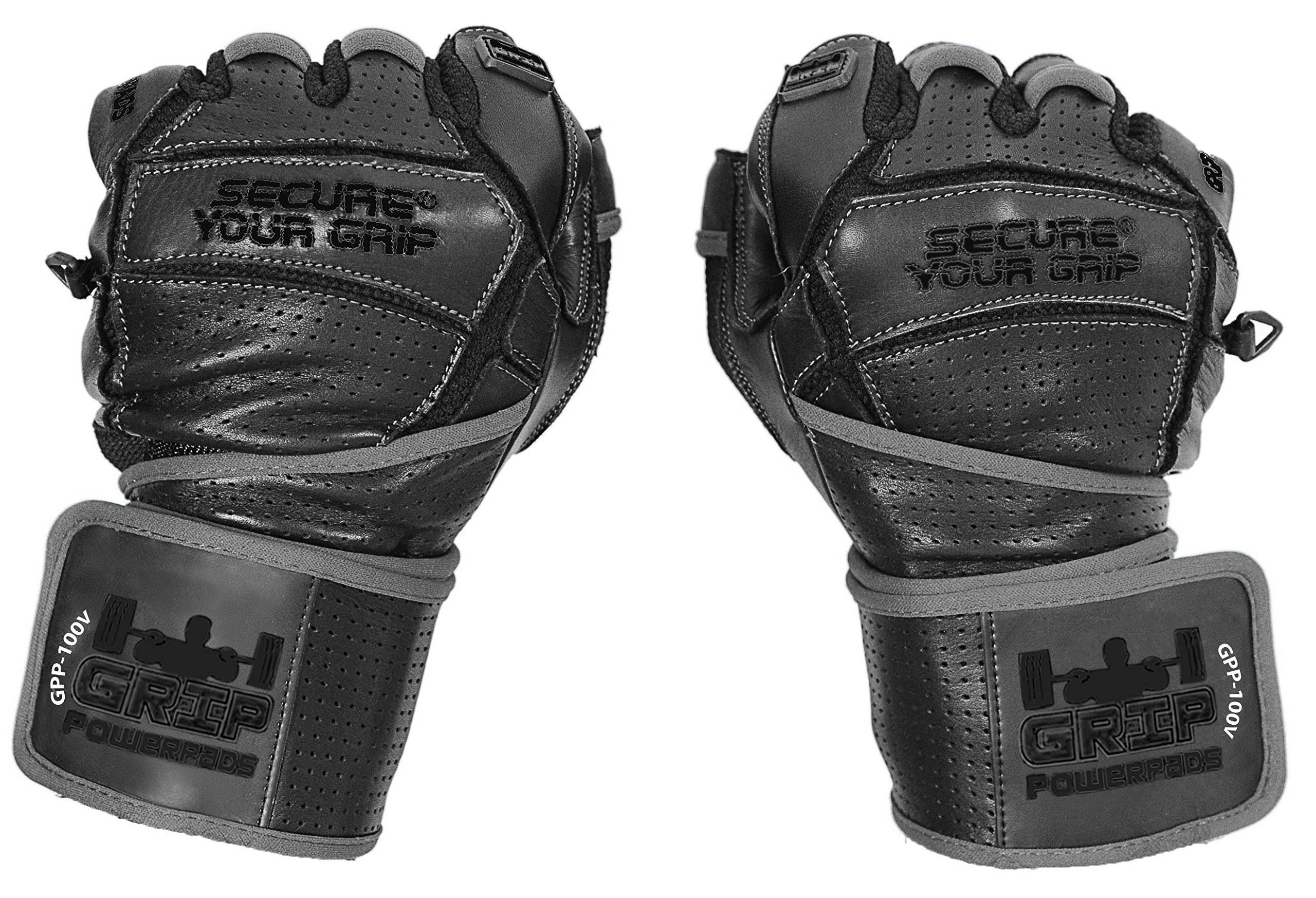 Grip Power Pads Elite Leather Gym Gloves With Built In 2 Wide Wrist Wraps Leather Glove Design For Weight Power Lifting Bodybuilding & Strength KK_K6LTA4XF