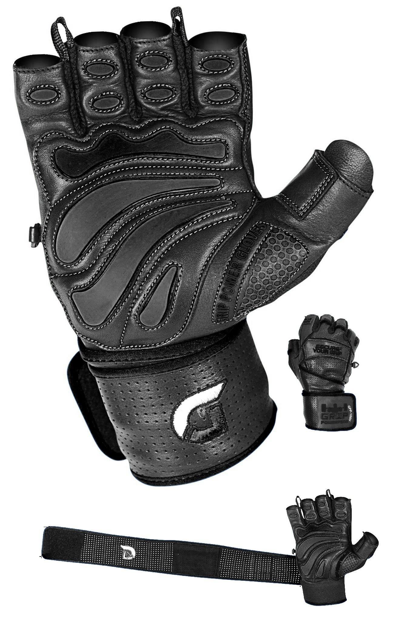 Grip Power Pads Elite Leather Gym Gloves With Built In 2 Wide Wrist Wraps Leather Glove Design For Weight Power Lifting Bodybuilding & Strength KK_K6LTA4XF