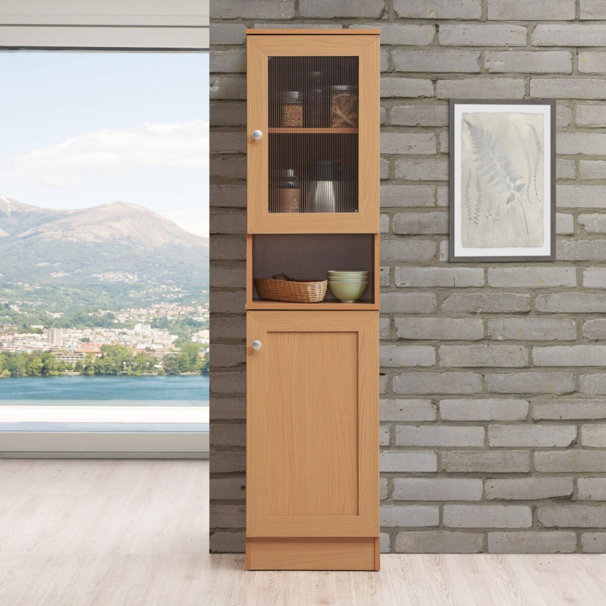 Hodedah 63 Tall Slim Open Shelf Plus Top And Bottom Enclosed Storage Kitchen Pantry - Beech PO_JYCJFKRT Hodedah 63 Tall Slim Open Shelf Plus Top And Bottom Enclosed Storage Kitchen Pantry - Beech PO_JYCJFKRT