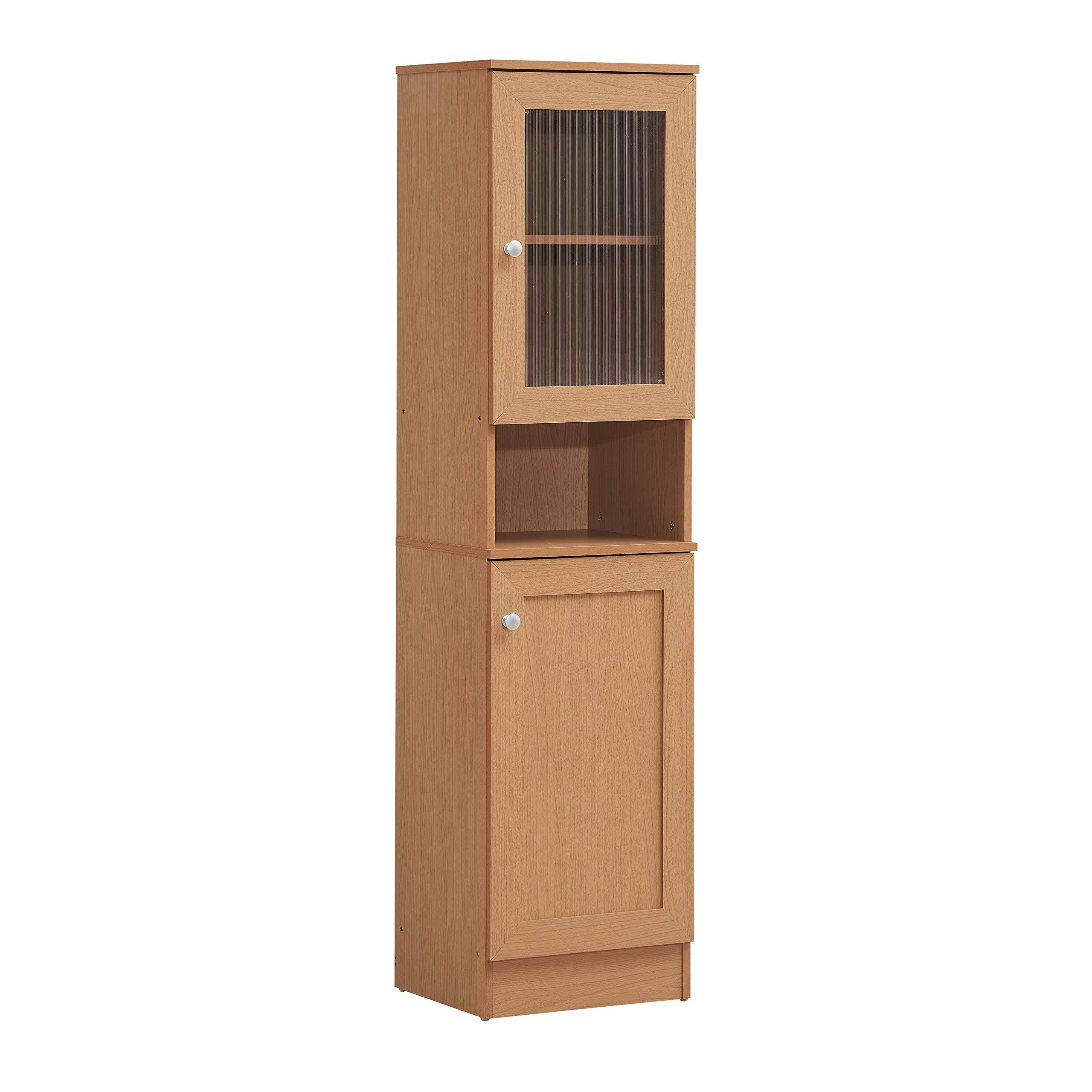 Hodedah 63 Tall Slim Open Shelf Plus Top And Bottom Enclosed Storage Kitchen Pantry - Beech PO_JYCJFKRT Hodedah 63 Tall Slim Open Shelf Plus Top And Bottom Enclosed Storage Kitchen Pantry - Beech PO_JYCJFKRT