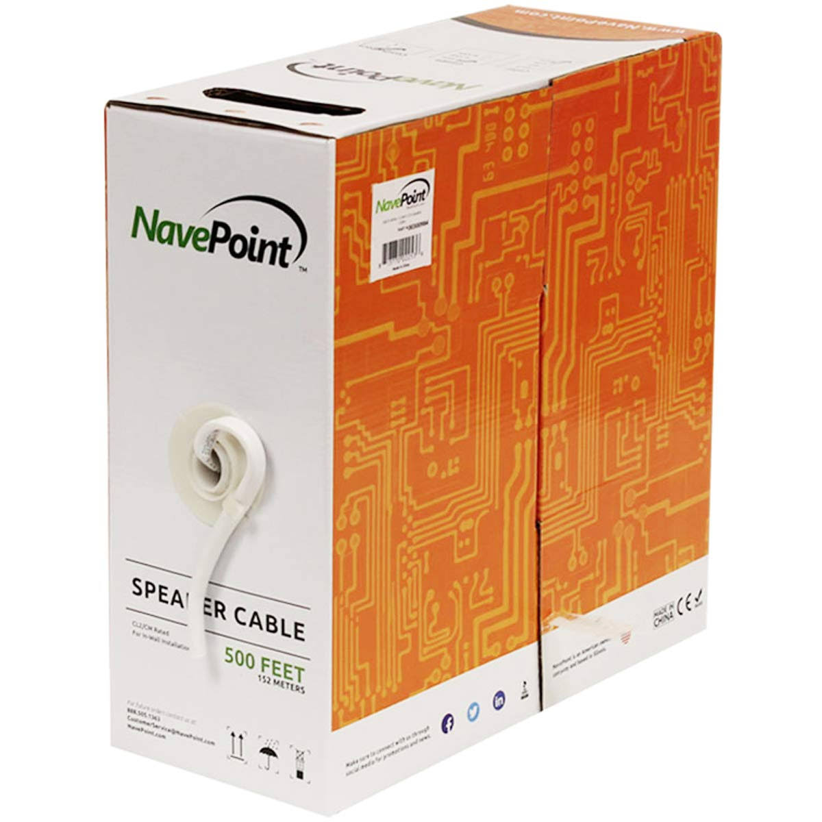 Navepoint 500ft In Wall Audio Speaker Cable Wire Cl2 16/2 Awg Gauge 2 Conductor Bulk White NE_E1DLKDAM