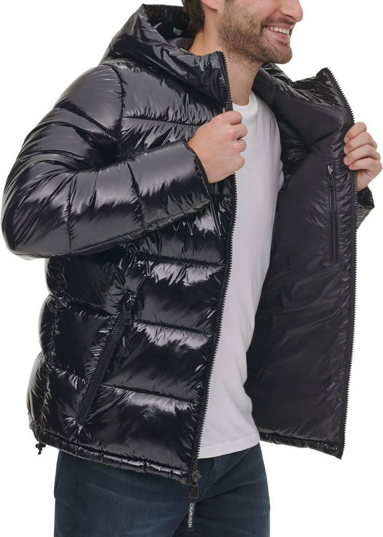 Calvin Klein Men's High Shine Hooded Puffer Jacket - Black - Size M YW_TRHQDXIO